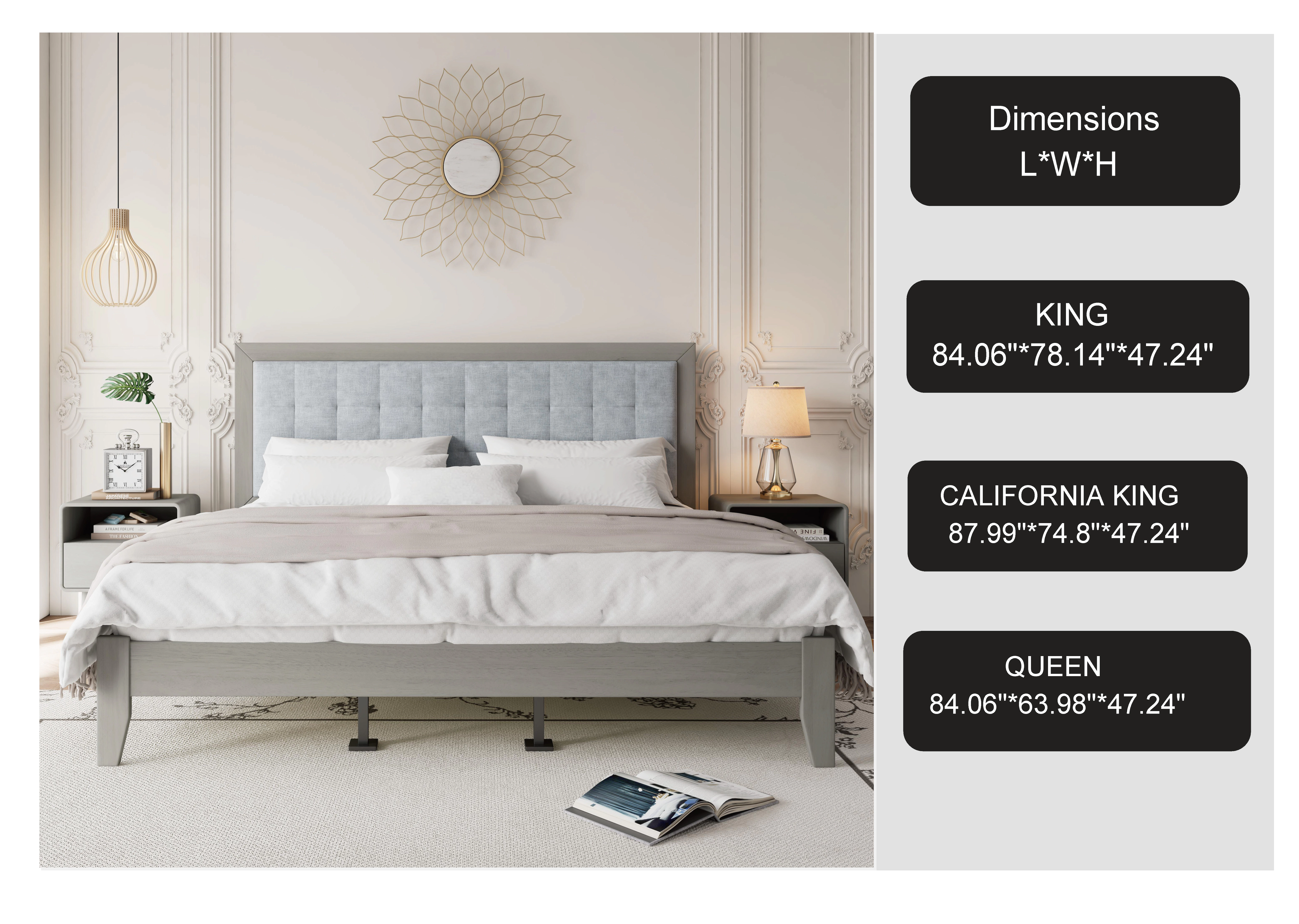 Flynama California King Solid Wood Platform Bed with Upholstered Headboard