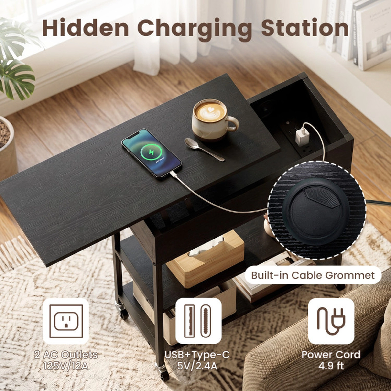 SUGIFT Lift Top End Table with Charging Station and Universal Wheels 121-lb Capacity Black/Rustic Brown