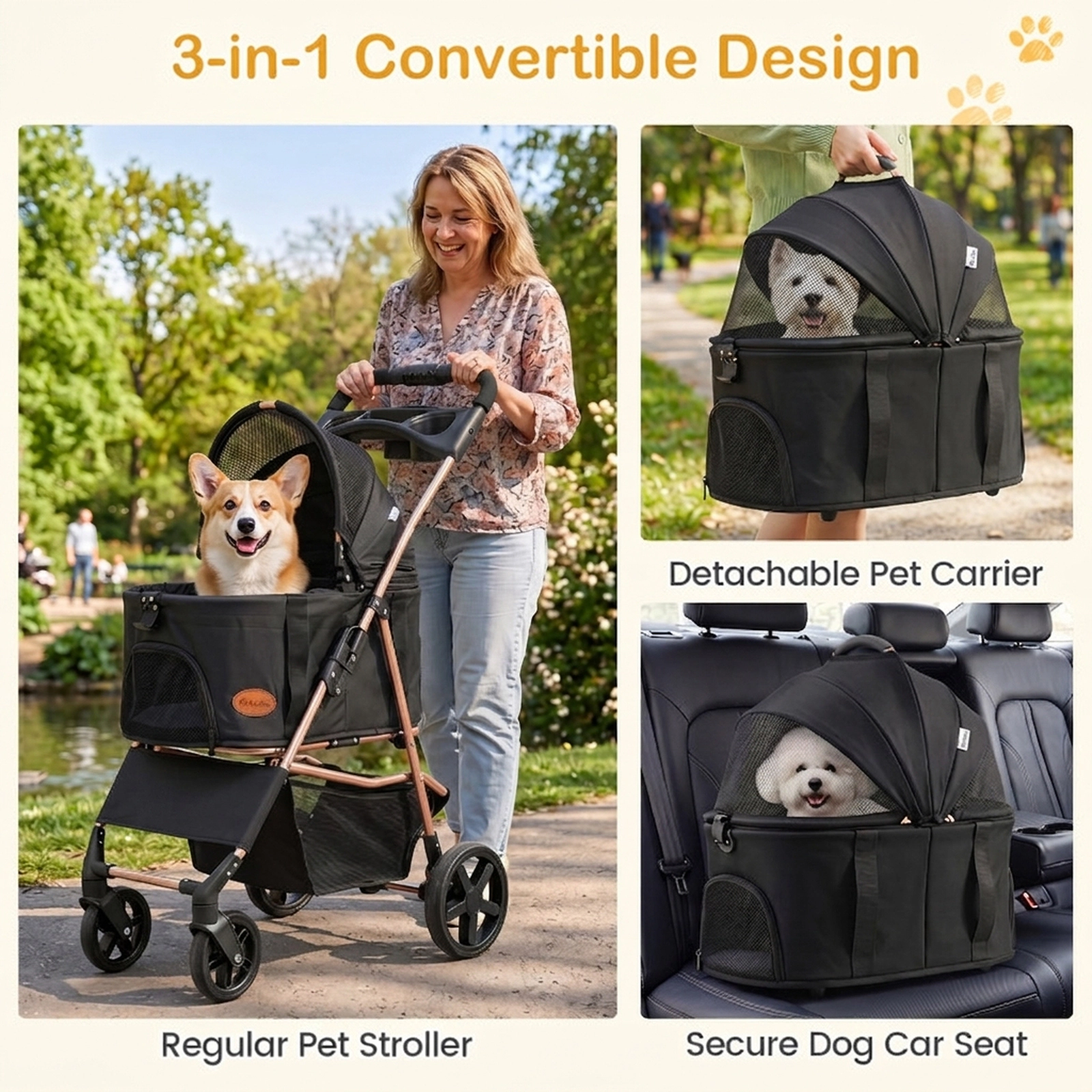 SUGIFT 3-in-1 Foldable Pet Stroller and Carrier 26.5-lb Capacity Black/Gray