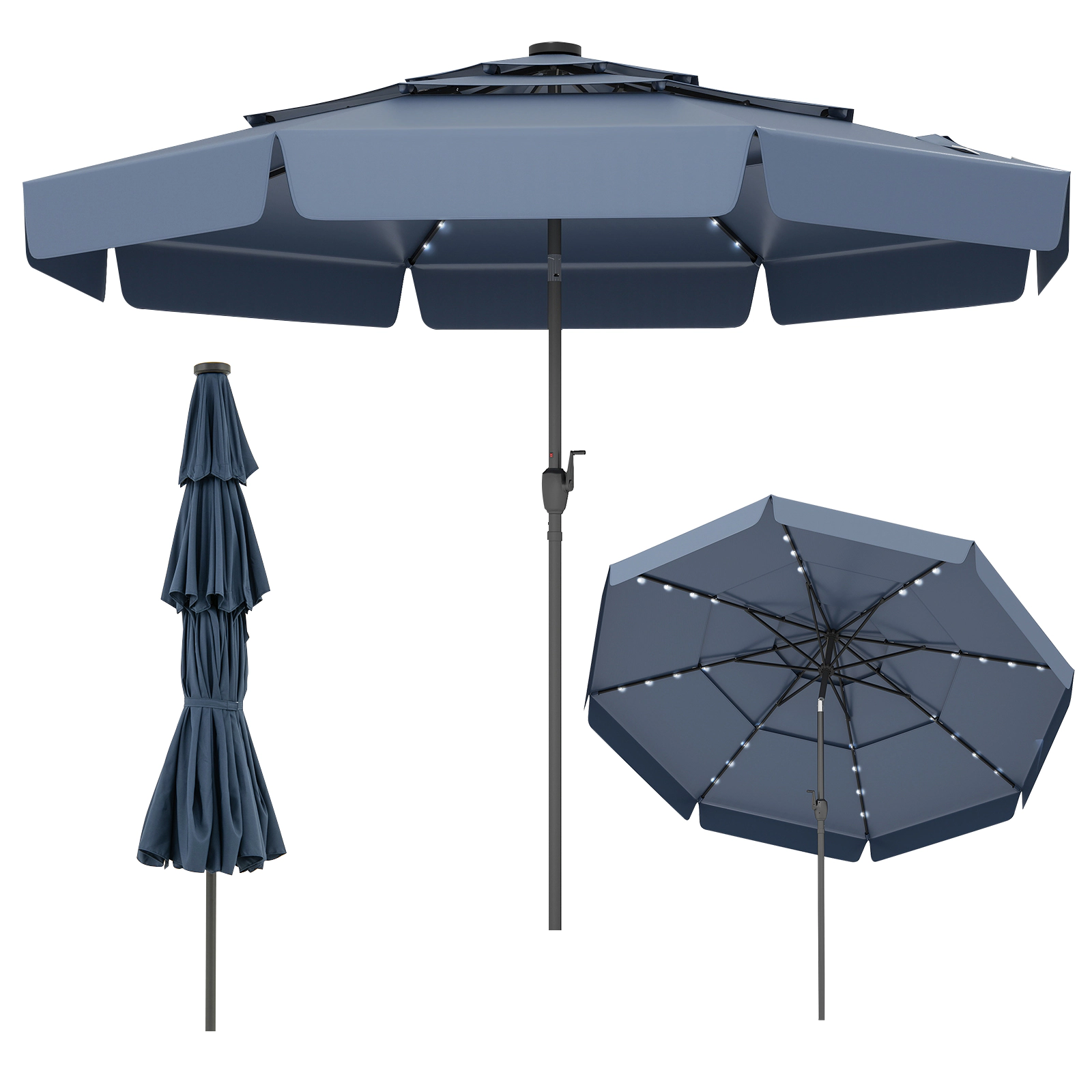 SUGIFT Navy 10 ft Solar Patio Umbrella with 3-Tier Vented Top and Auto Tilt