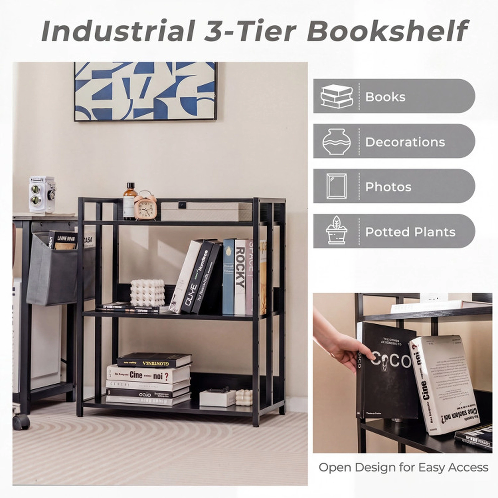SUGIFT Black 3-Tier Corner Bookshelf with Adjustable Shelves and Anti-Toppling Device