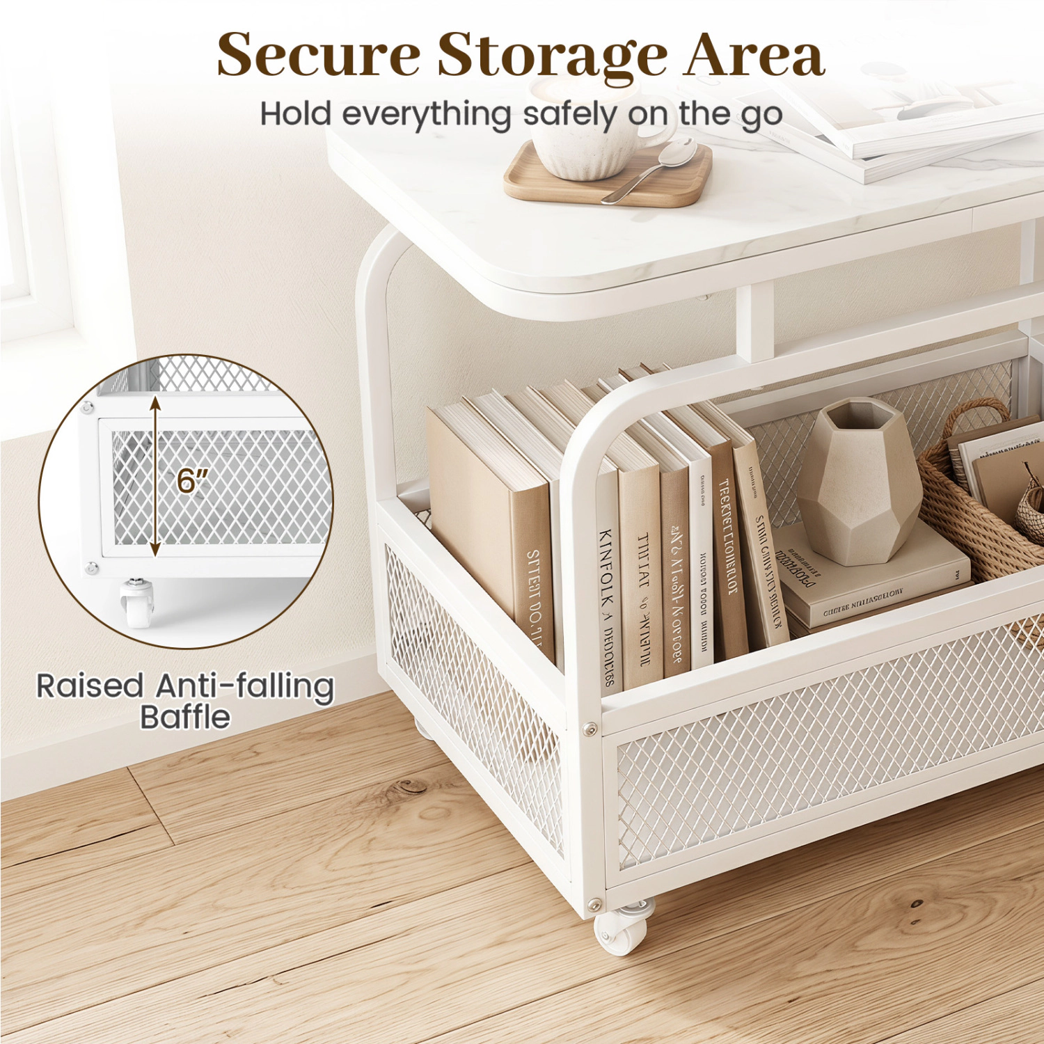 Glintex Rolling Narrow Side Table with Faux Marble Top and Mesh Storage Basket, White