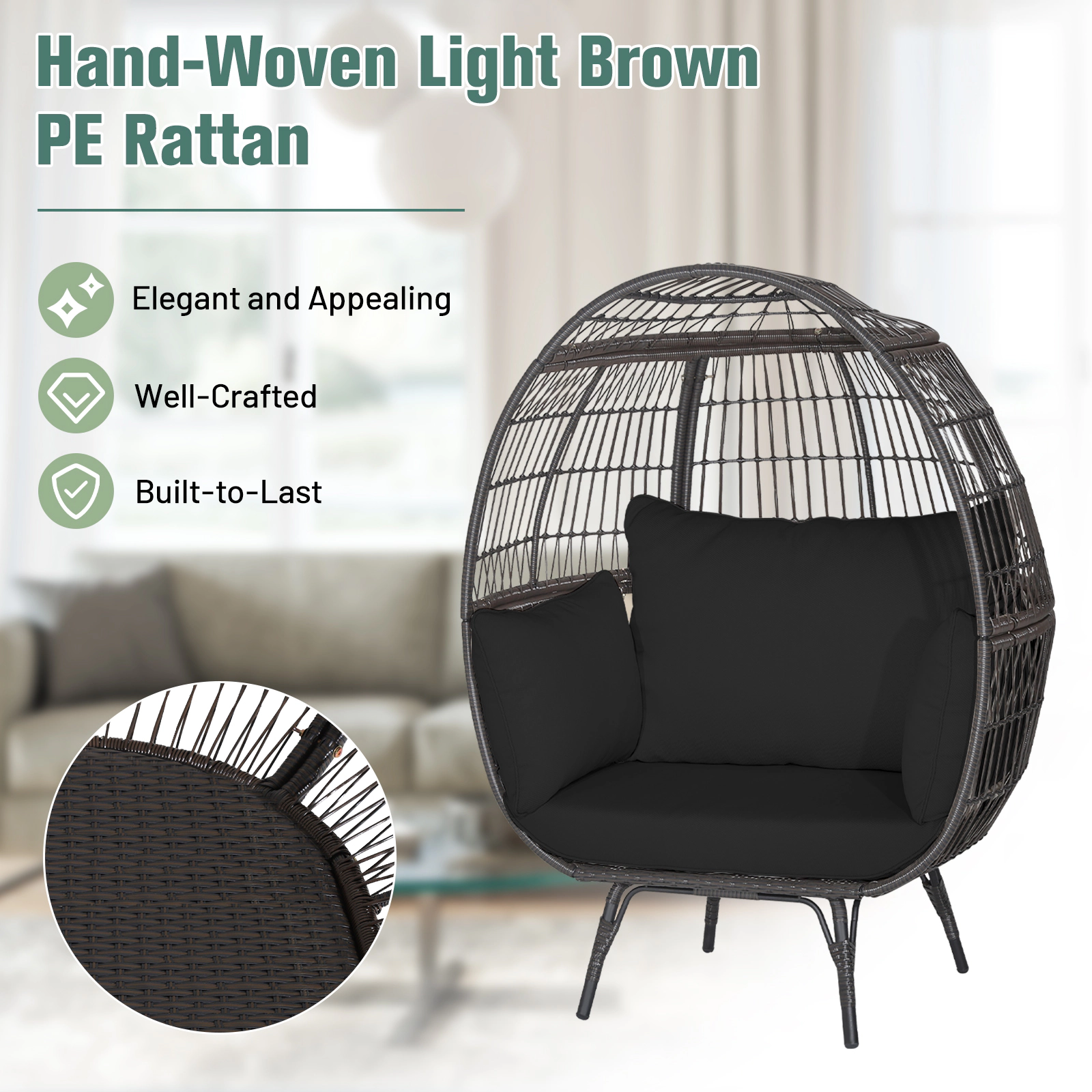 Hivvago Oversized Patio Rattan Egg Lounge Chair With 4 Cushions-Navy