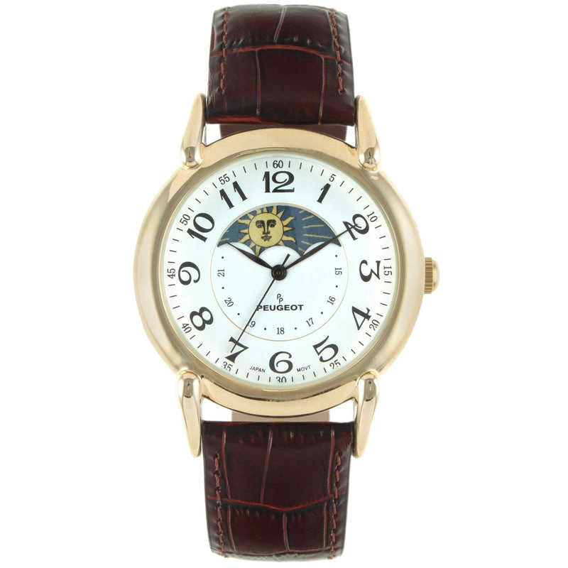 Peugeot Men's 40mm Vintage White Dial Sun Moon Brown Leather Strap Watch