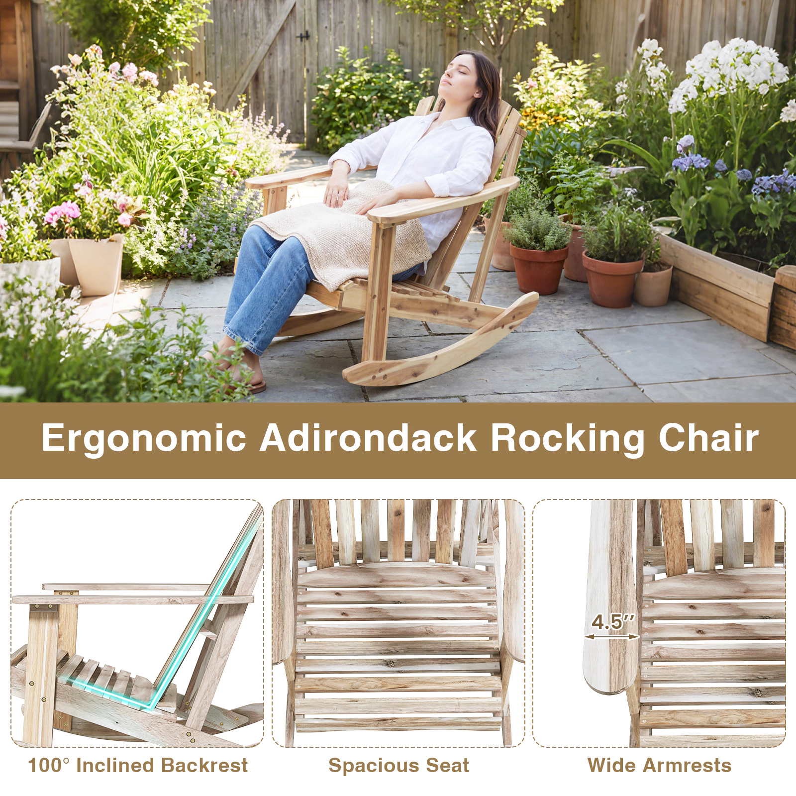 SUGIFT Adirondack Rocking Chair with Slatted Seat and High Fanned Back 400-lb Capacity Natural