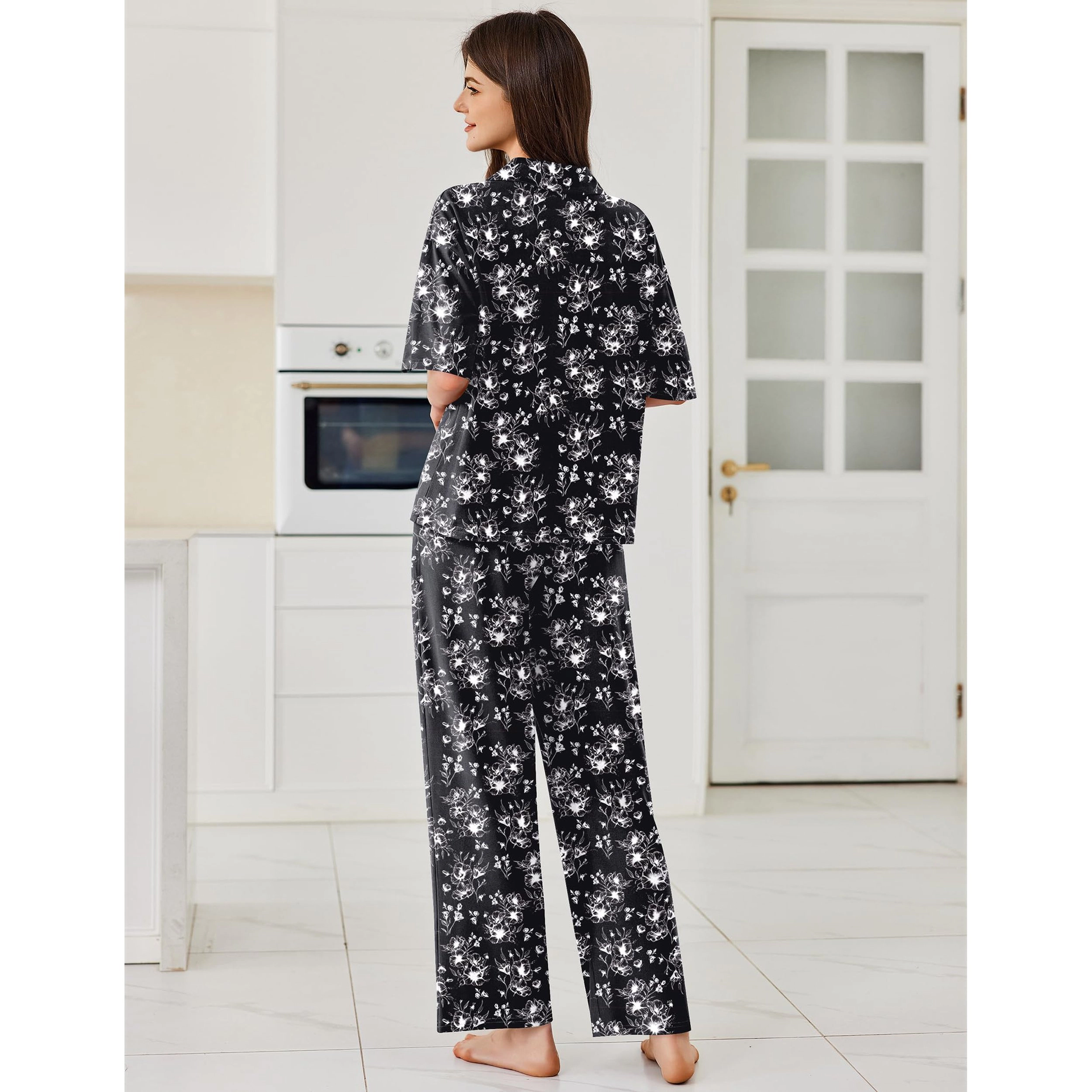 Ekouaer Women Pajamas Set Button Down Sleepwear Short Sleeve Pjs Soft Nightwear with Long Pants