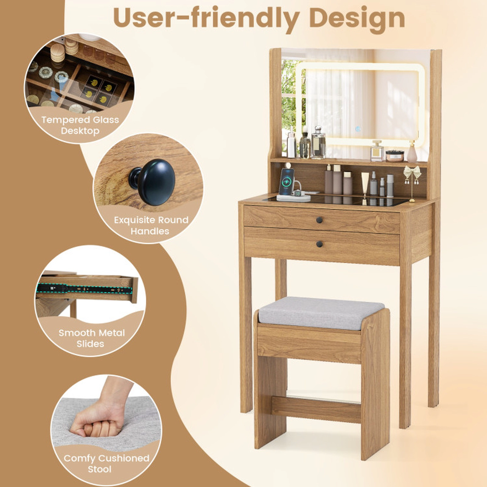 SUGIFT Natural Compact Vanity Desk Set with Lighted Mirror, 2 Drawers and Cushioned Stool