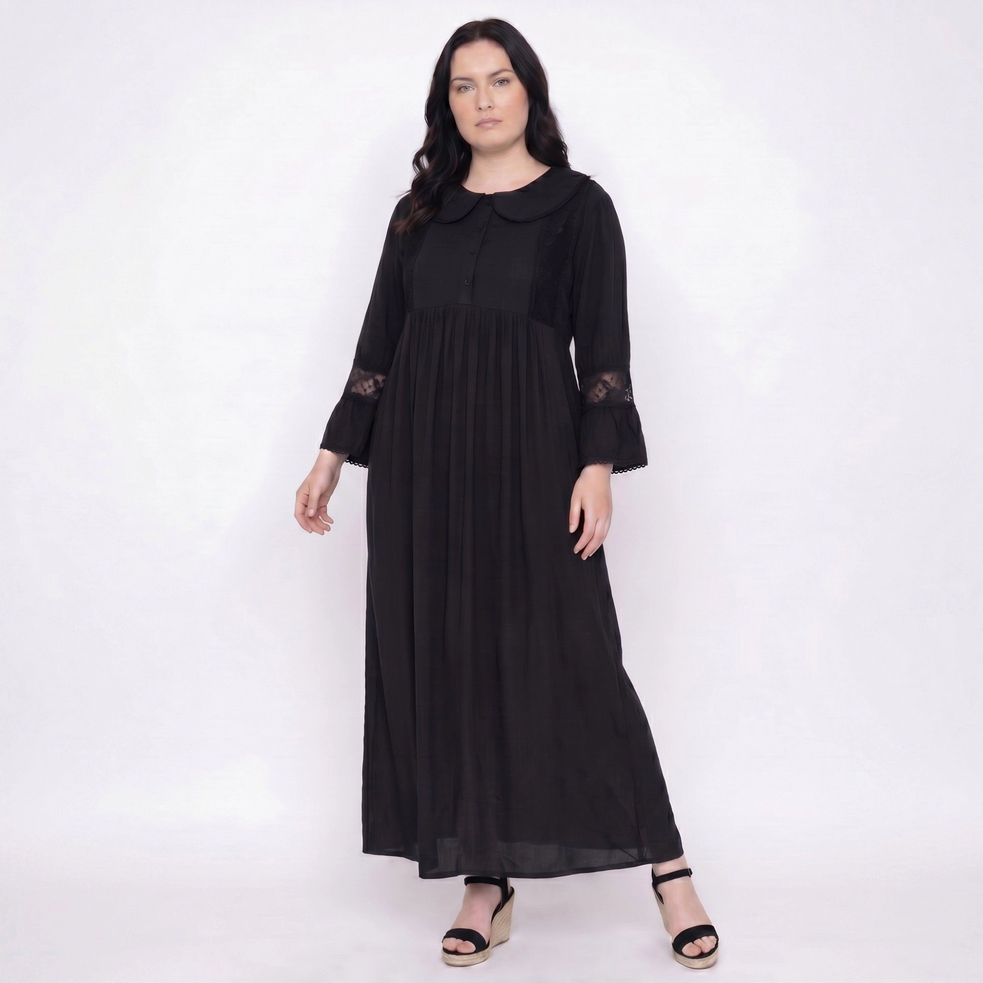 Anna-Kaci Women's Long Sleeve Button Front Maxi Nightgown Peter Pan Collar Lace Trim Sleep Dress