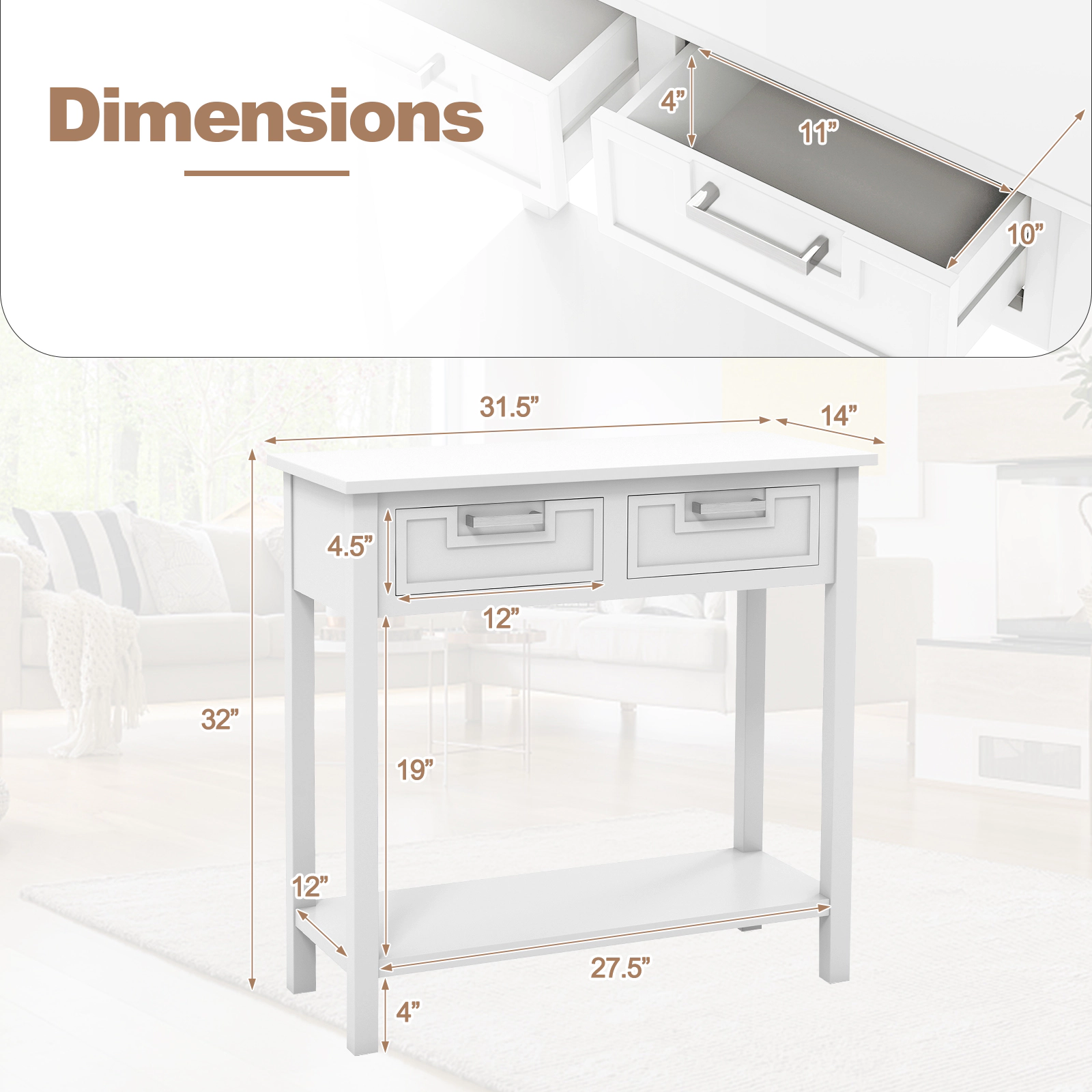 SUGIFT Narrow Console Table with Drawers and Open Storage Shelf 110-lb Tabletop Capacity White
