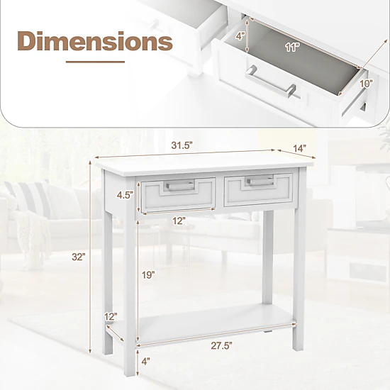 SUGIFT Narrow Console Table with Drawers and Open Storage Shelf 110-lb Tabletop Capacity White