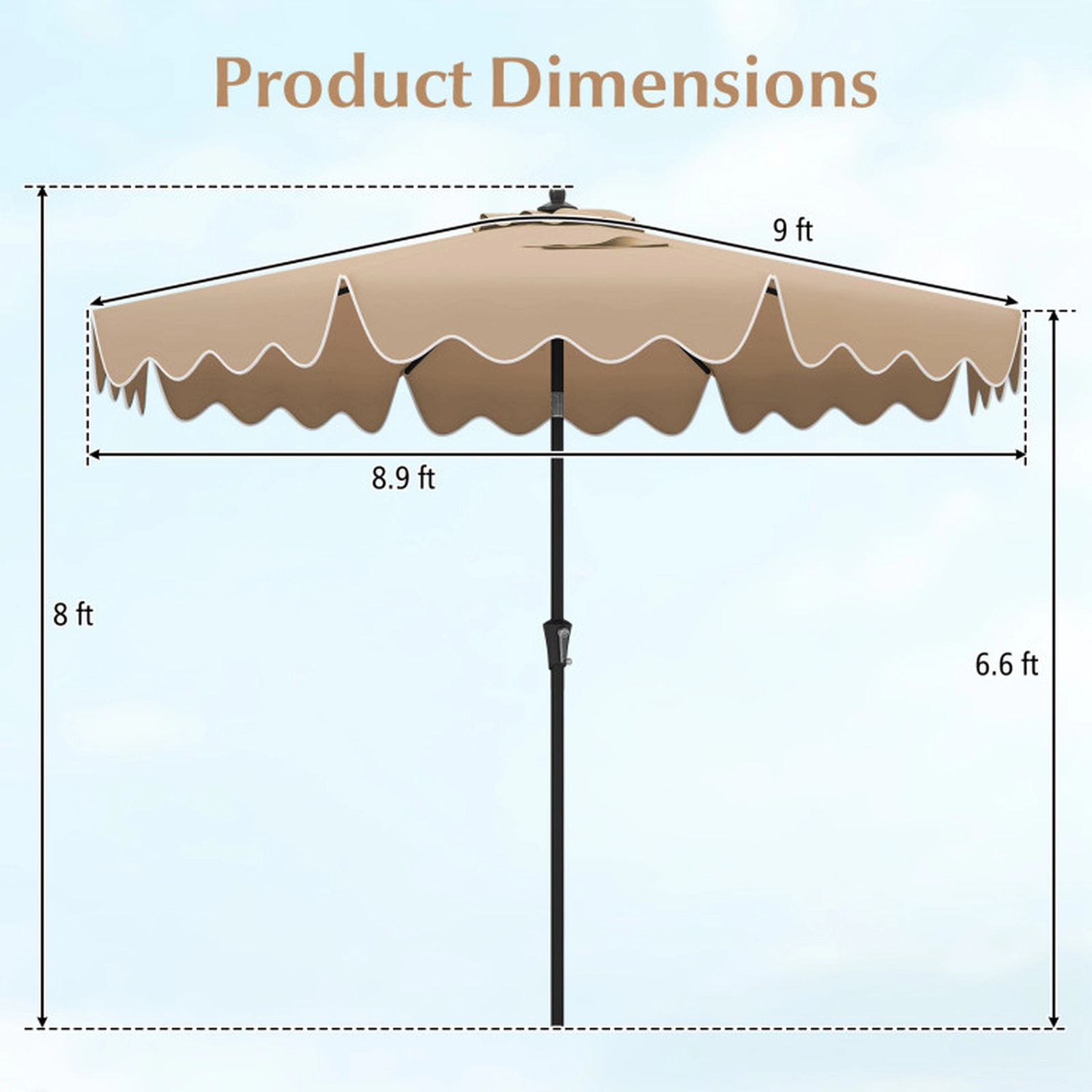 SUGIFT 9-ft Brown Scalloped Ruffled Patio Umbrella with 8 Ribs Vented Top Safety Latch and Fastener Tabs