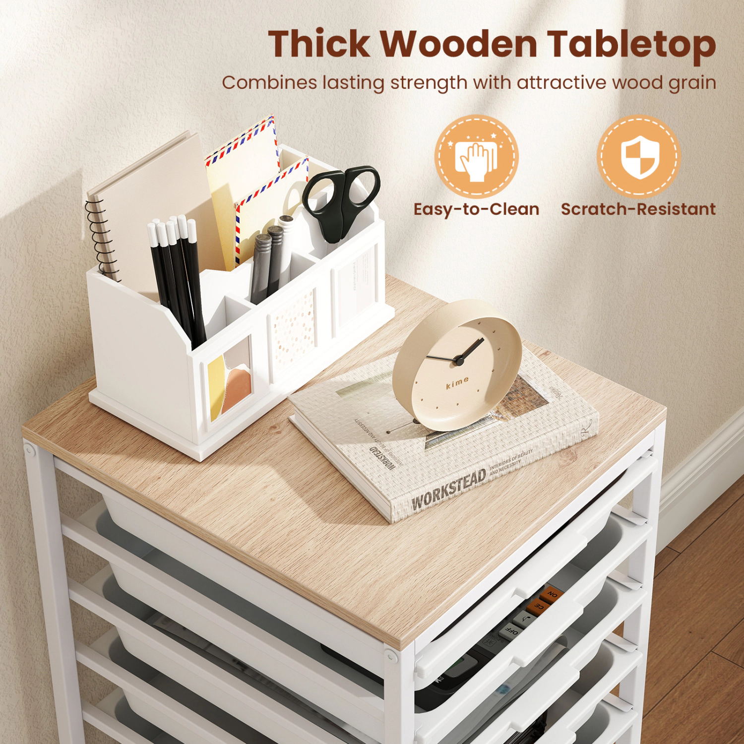 SUGIFT 10-Drawer Rolling Storage Cart White with Wooden Tabletop and Lockable Wheels