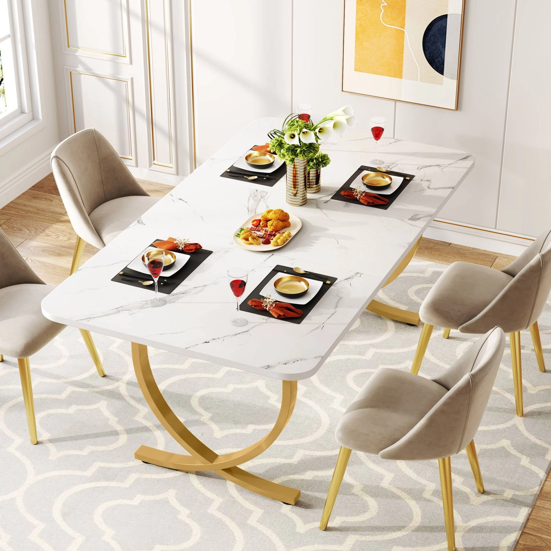 Tribesigns 63" Dining Table, Modern Kitchen Table with Faux Marble Table Top