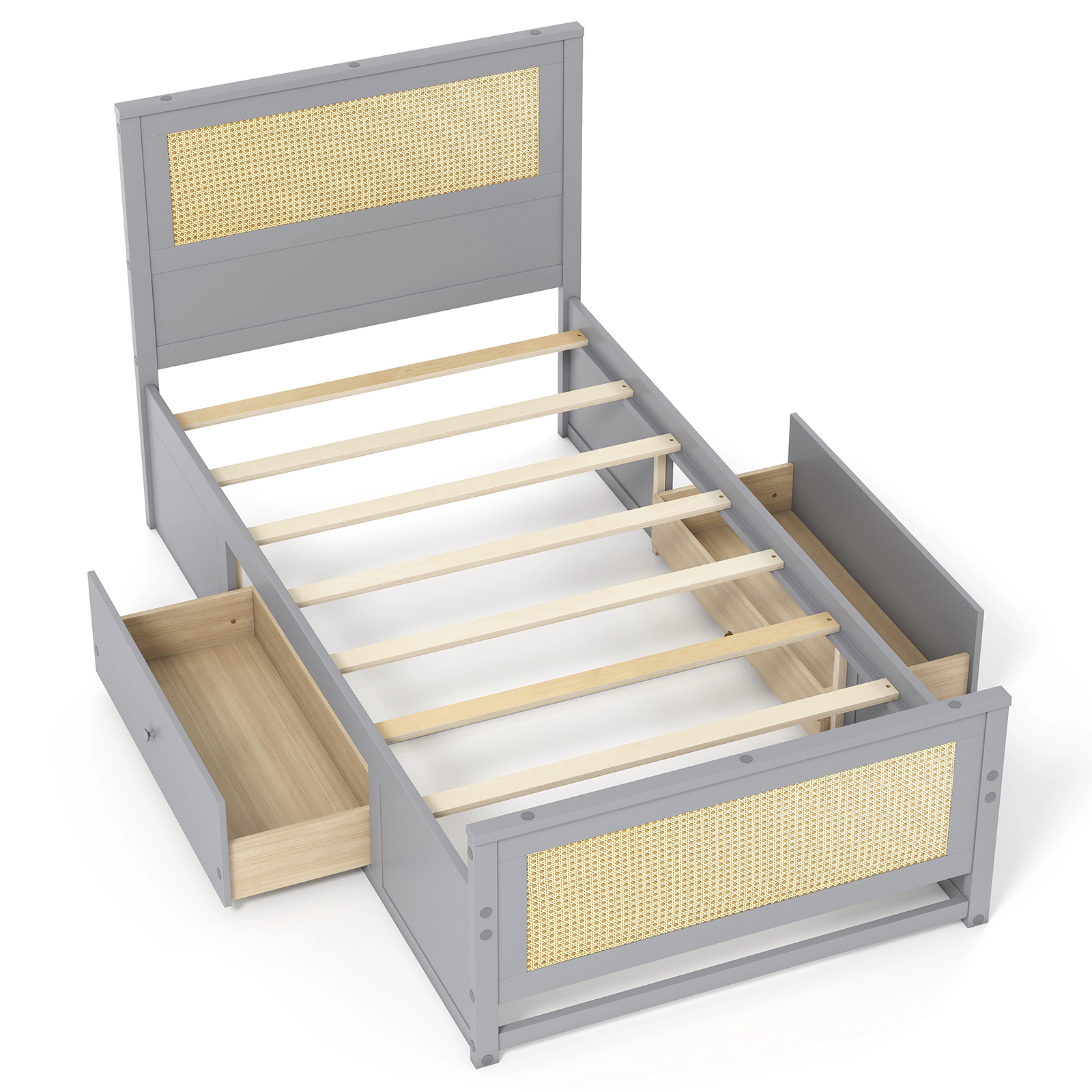 SUGIFT Gray 2 Storage Drawers and Wooden Slat Support Twin Size Rattan Bed Frame
