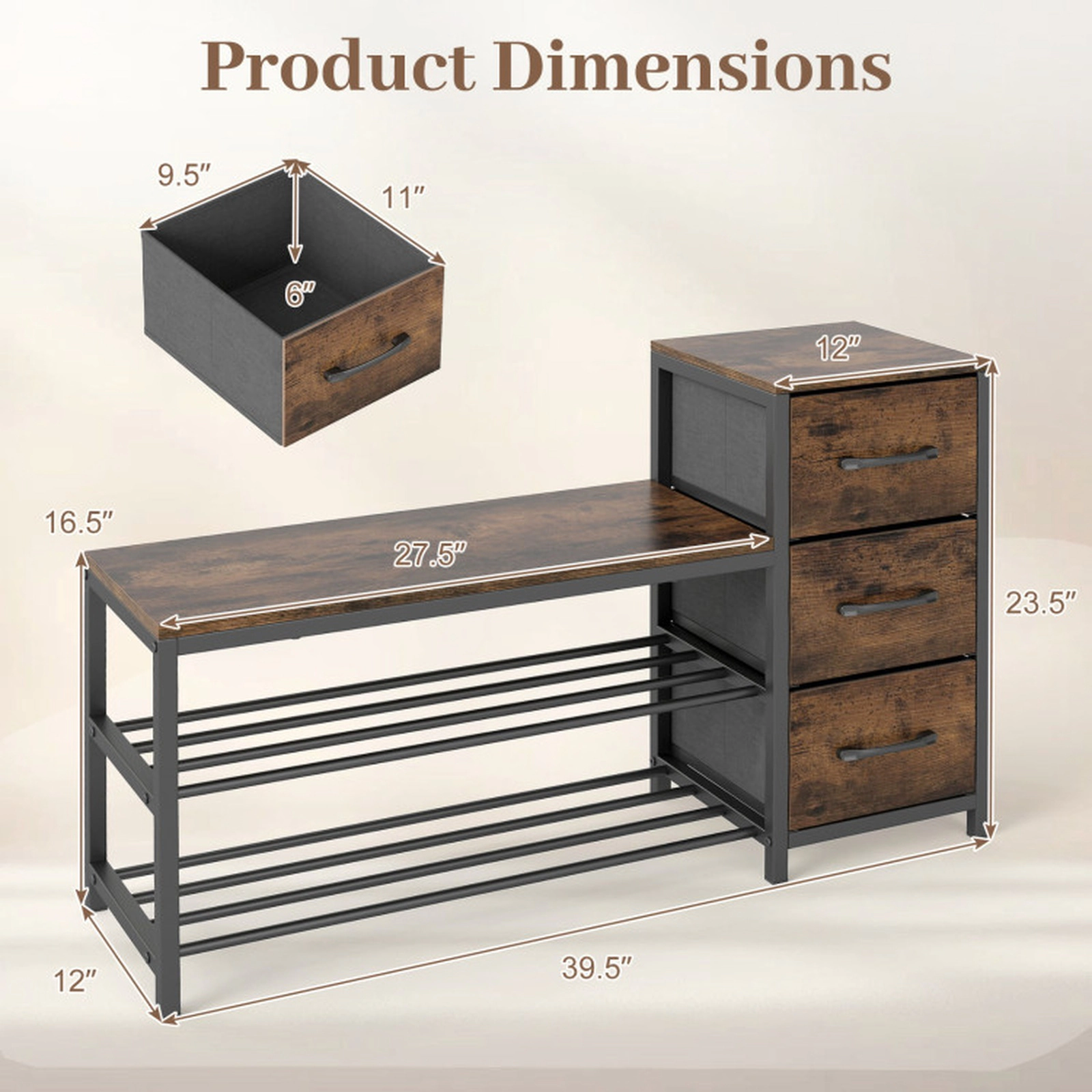 SUGIFT Rustic Brown 3 Removable Fabric Drawers and Anti-Toppling Kits 3-Tier Industrial Shoe Bench