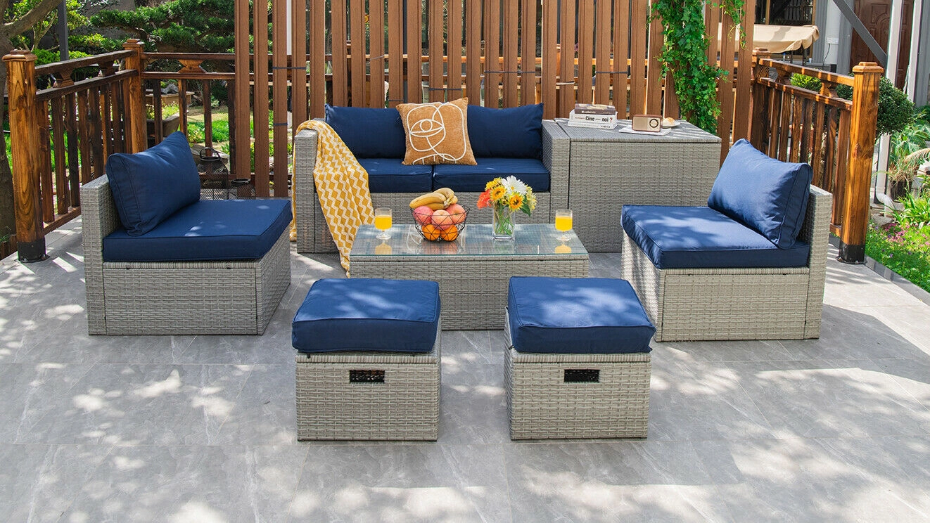 SUGIFT 8-Piece Navy Rattan Patio Sectional Set with Glass Table, Storage Box and Cover