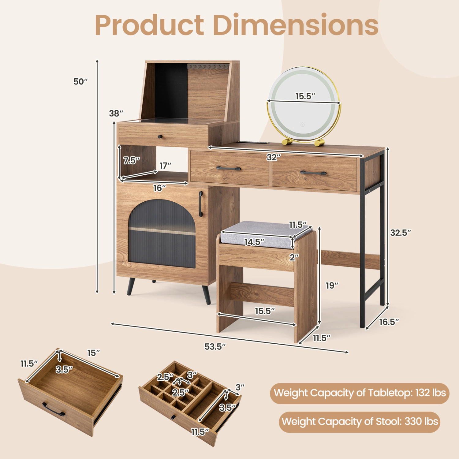 LJG Vanity Desk with Mirror & Lights Ring Slots Necklace Hooks for Makeup