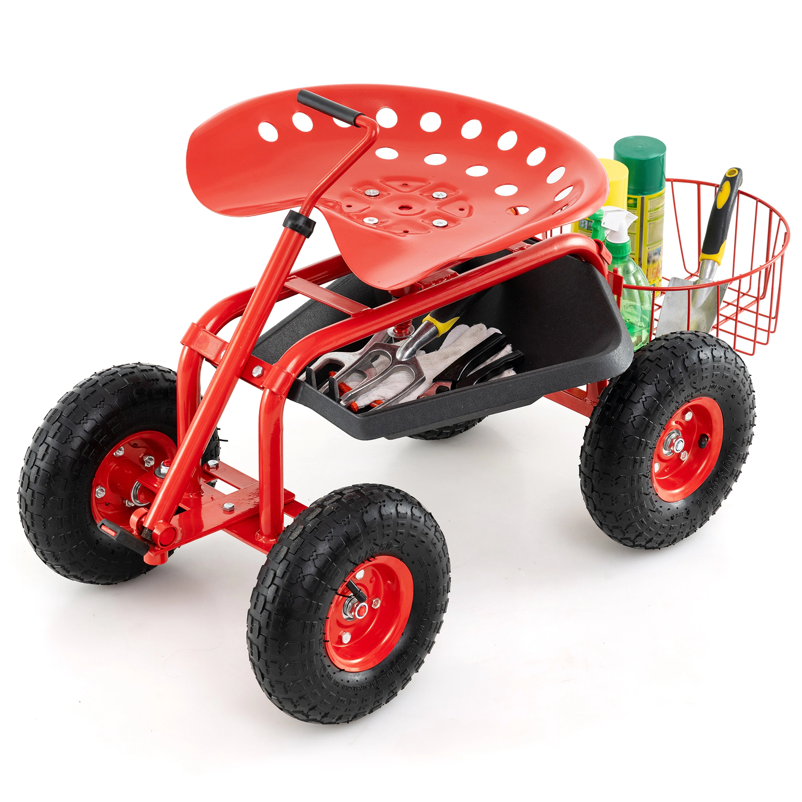 SUGIFT Extendable Handle Garden Cart Rolling Wagon Scooter with 10-in Wheels 330-lb Capacity Steel Frame Red