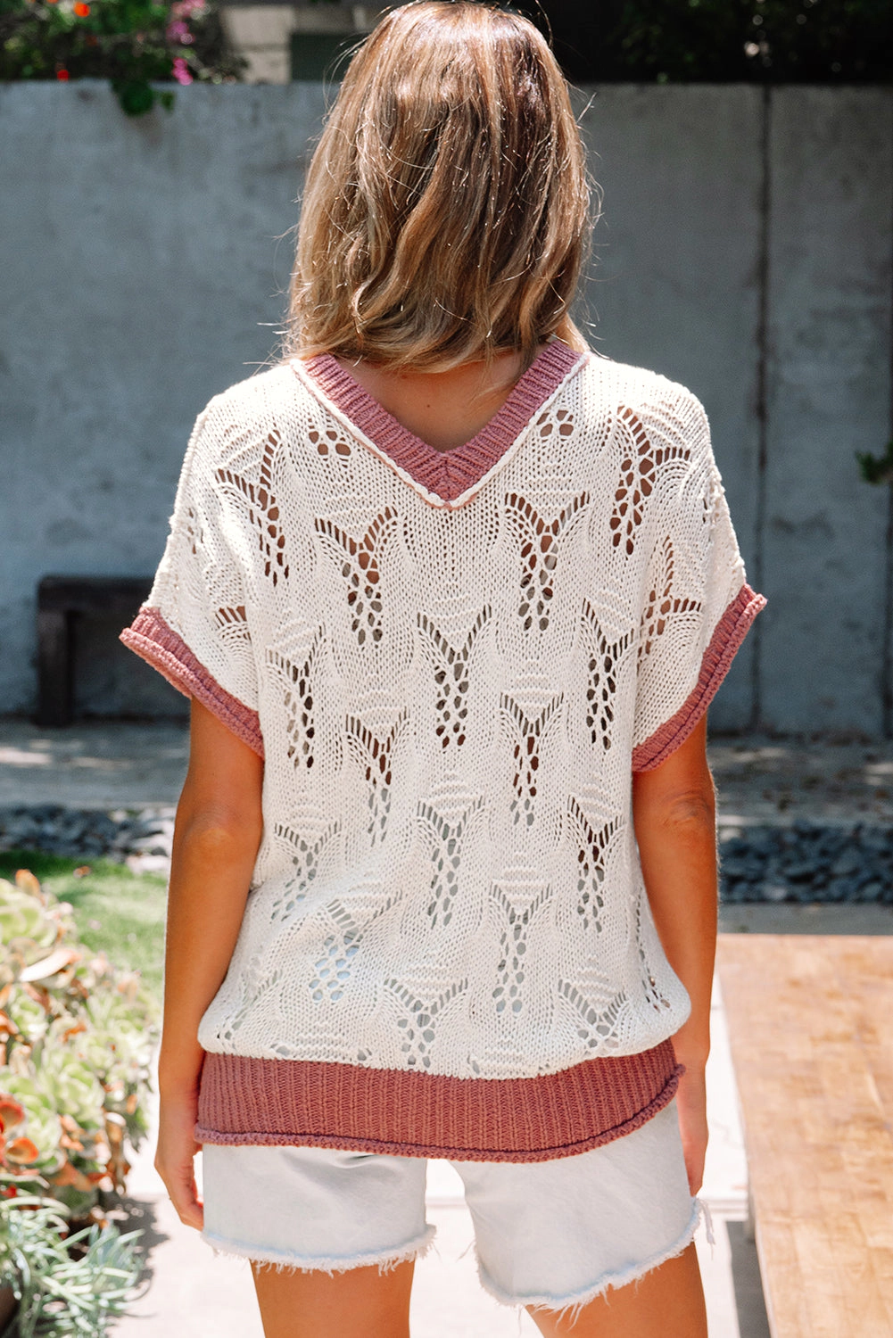 Threaded Pear Women's Isla Embroidered Flowers Colorblock Edge Hollowed Sweater