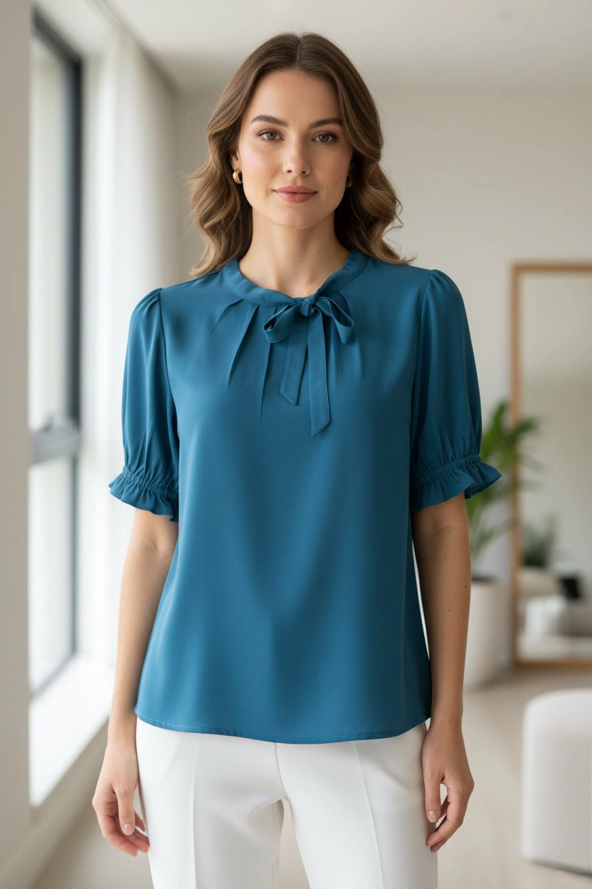 DressAtR Women's Cross Bow Tie Pleated Front Elbow Sleeve Blouse