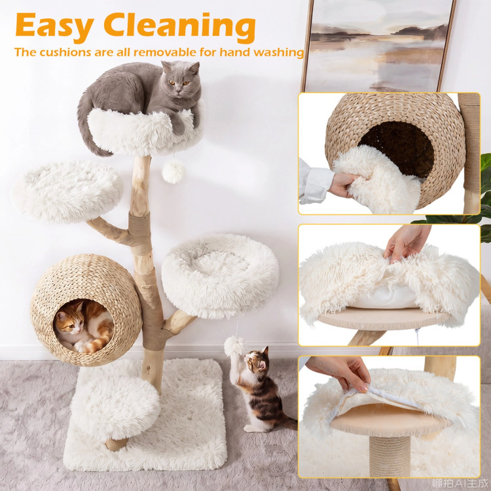 SUGIFT 52.76-in White 5-Tier Wooden Cat Tree with Hand-Woven Cattail Condo Pear Wood Posts and Perches