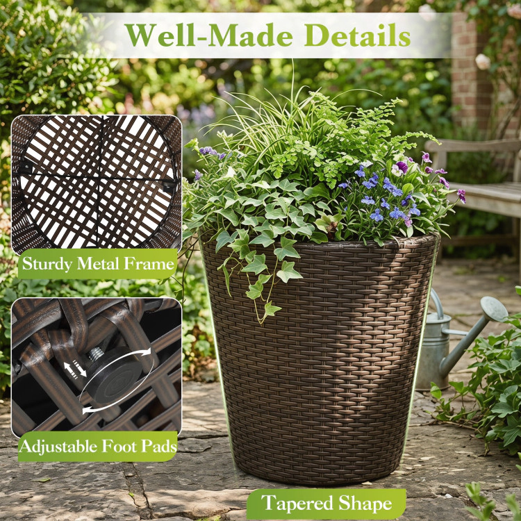 Hivvago Set of 2 Plastic Taper Rattan Planters with Drainage Holes and Saucers