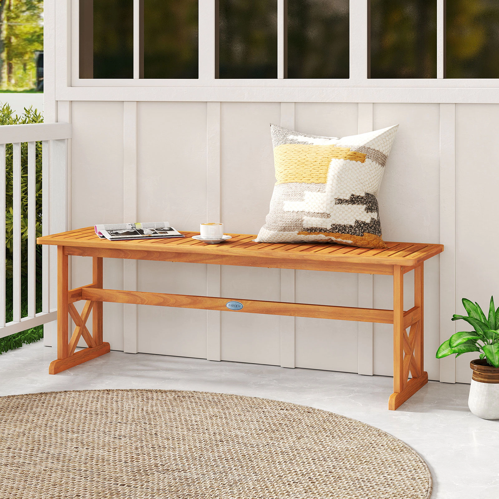 SUGIFT 51-in Outdoor Acacia Wood Bench Slatted Seat 800-lb Capacity Natural 18-in High 1-Piece Outdoor Dining & Garden