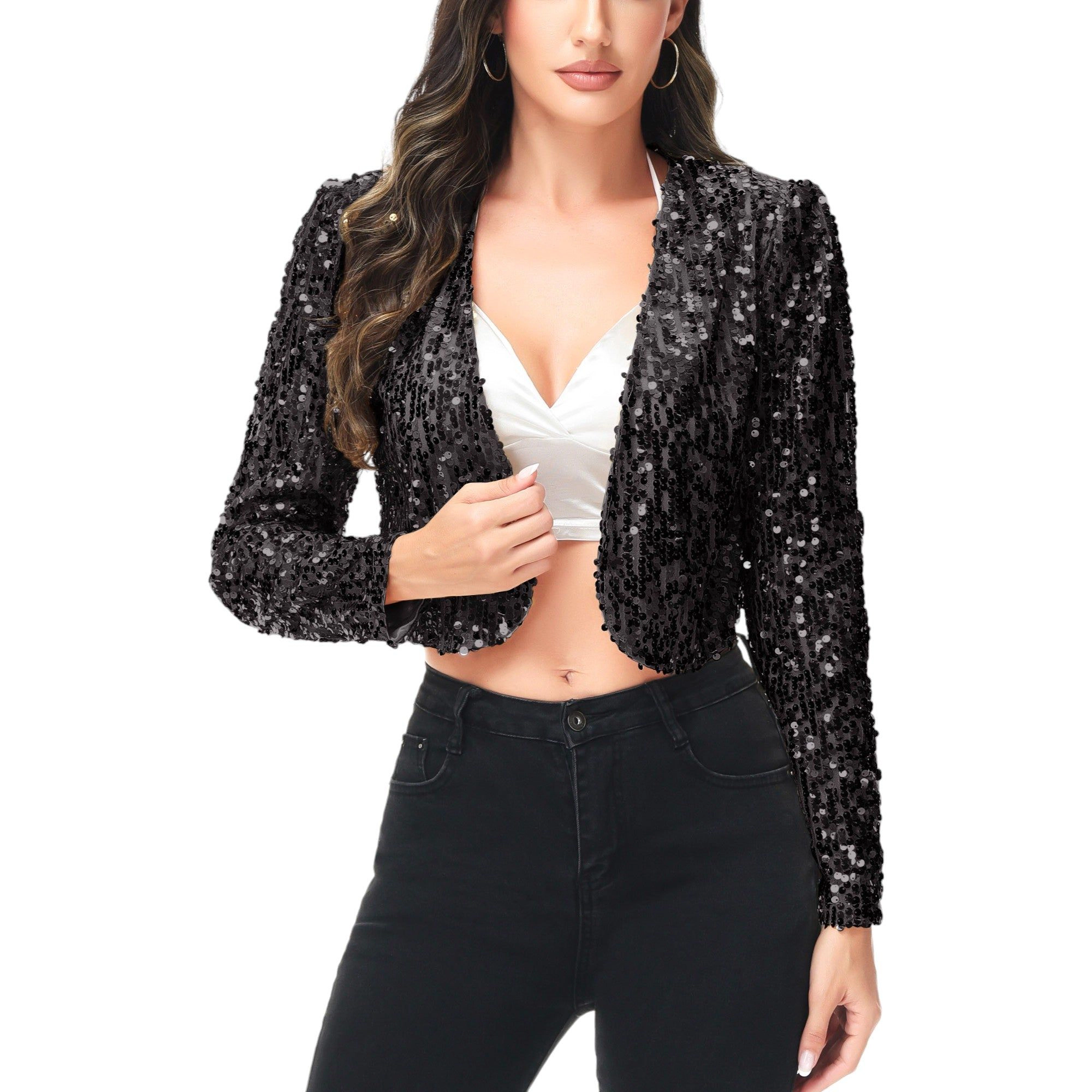 Anna-Kaci Women's Sequin Sparkly Long Sleeve Bolero Jacket