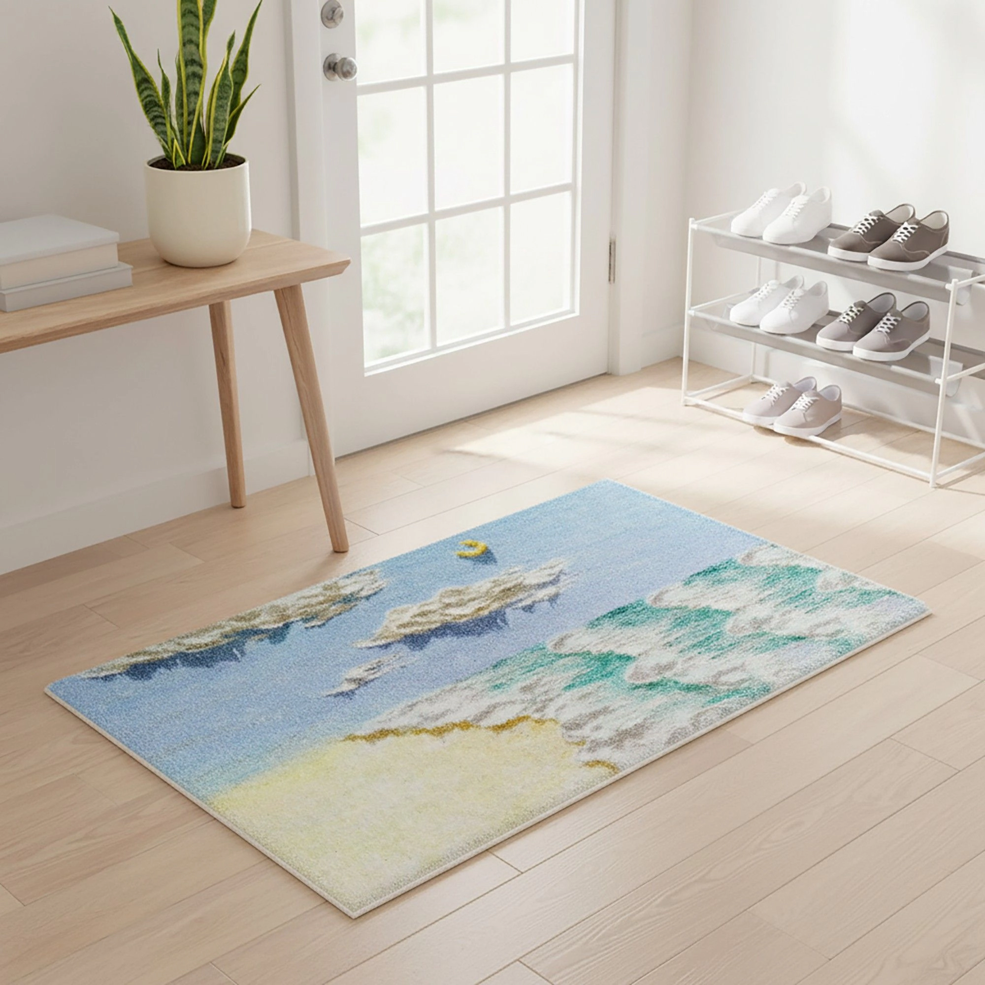 Alilang Unisex Tufted Floor Mat with Ocean Wave and Cloud Design Non Slip Backing Soft Plush Decorative Indoor Rug