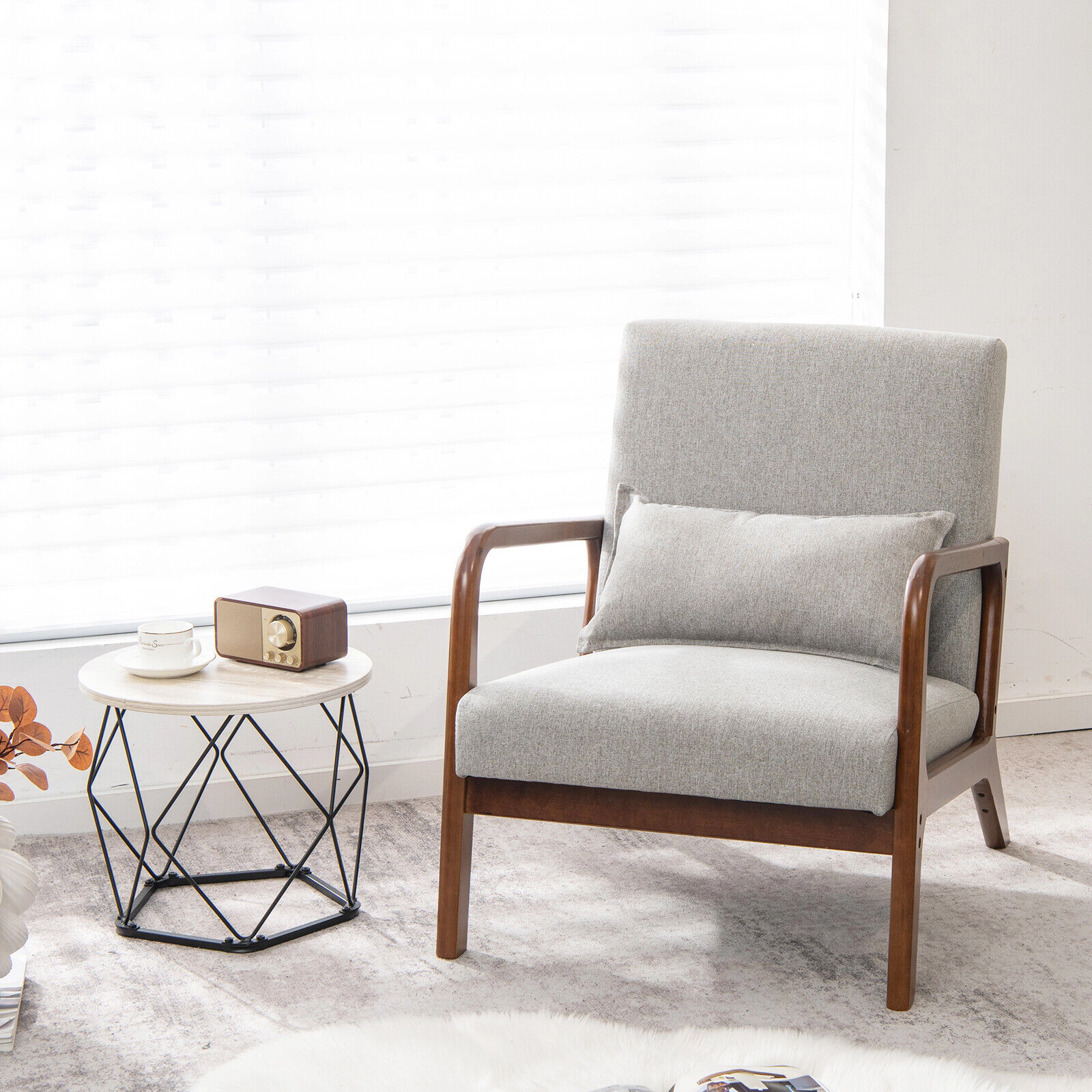 SUGIFT Modern Accent Lounge Chair, 102-Degree Tilt, Rubber Wood Arms, Faux Linen, Gray