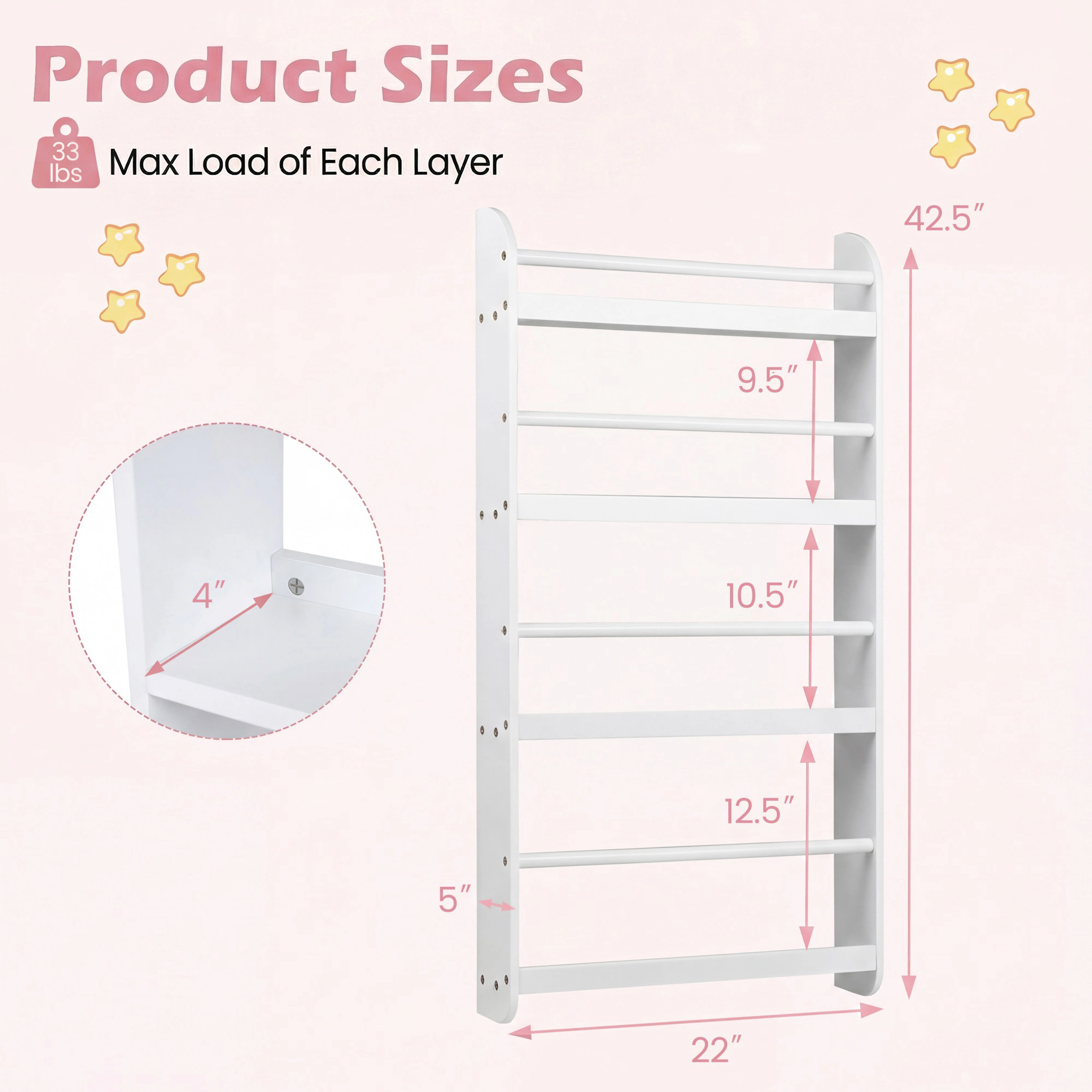 Costway Kids Bookshelf, 4-Tier Wall Mounted Book Shelf for Toys, Books, Hanging Bookcase White