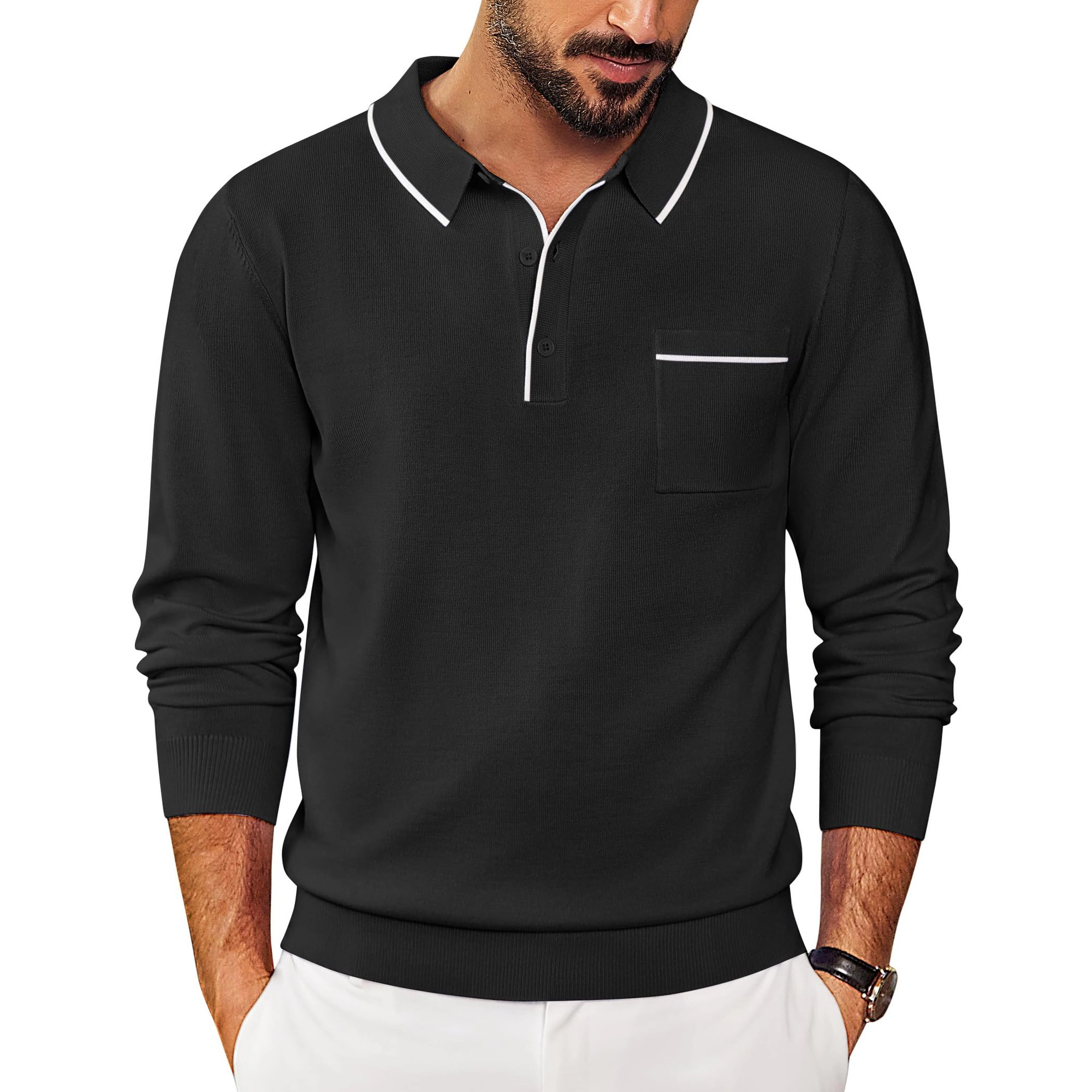COOFANDY Contrast Piping Long Sleeve Polo Shirt Chest Pocket Casual Fall Tops