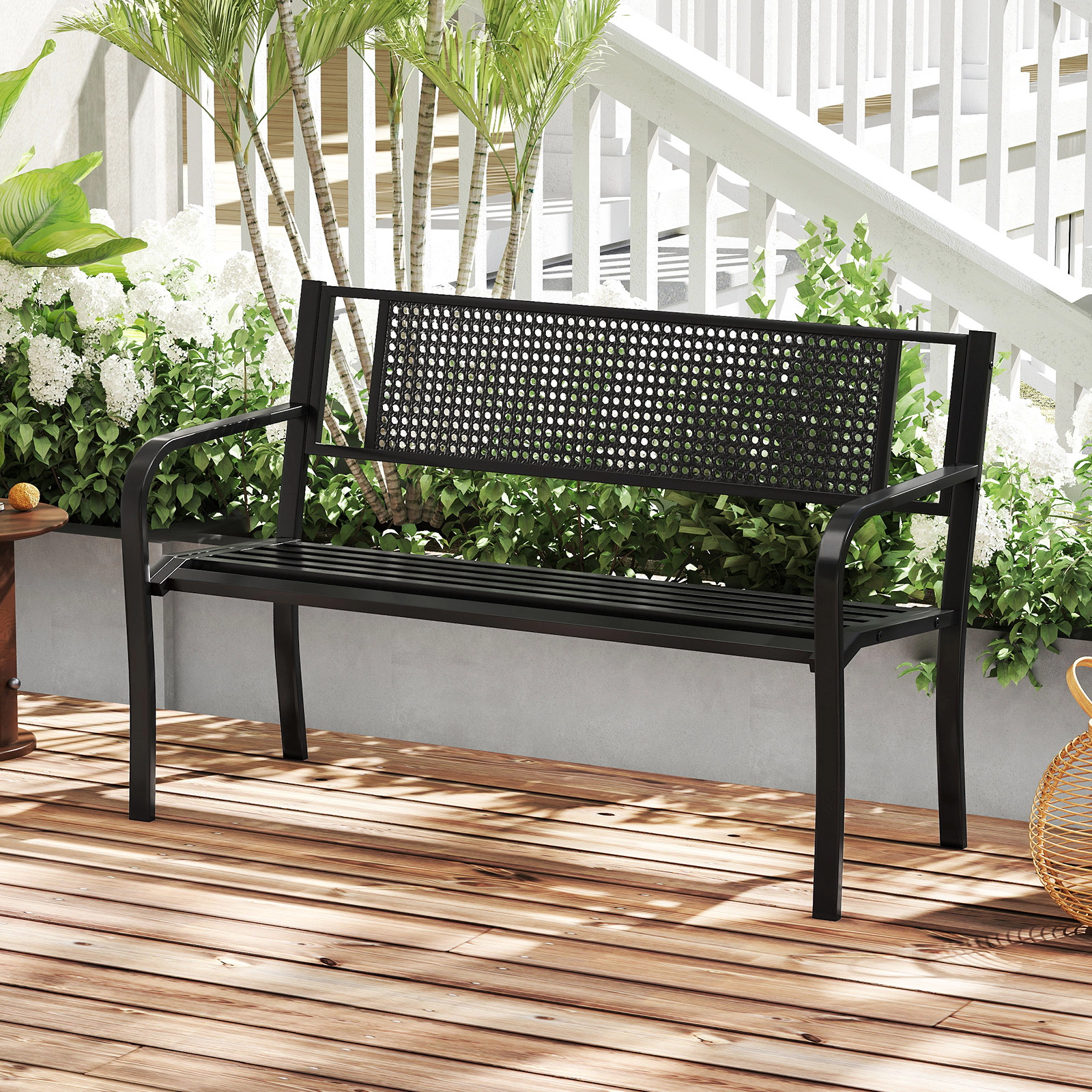 SUGIFT 50-Inch Black Metal Outdoor Garden Bench with Patterned Back and Curved Armrests