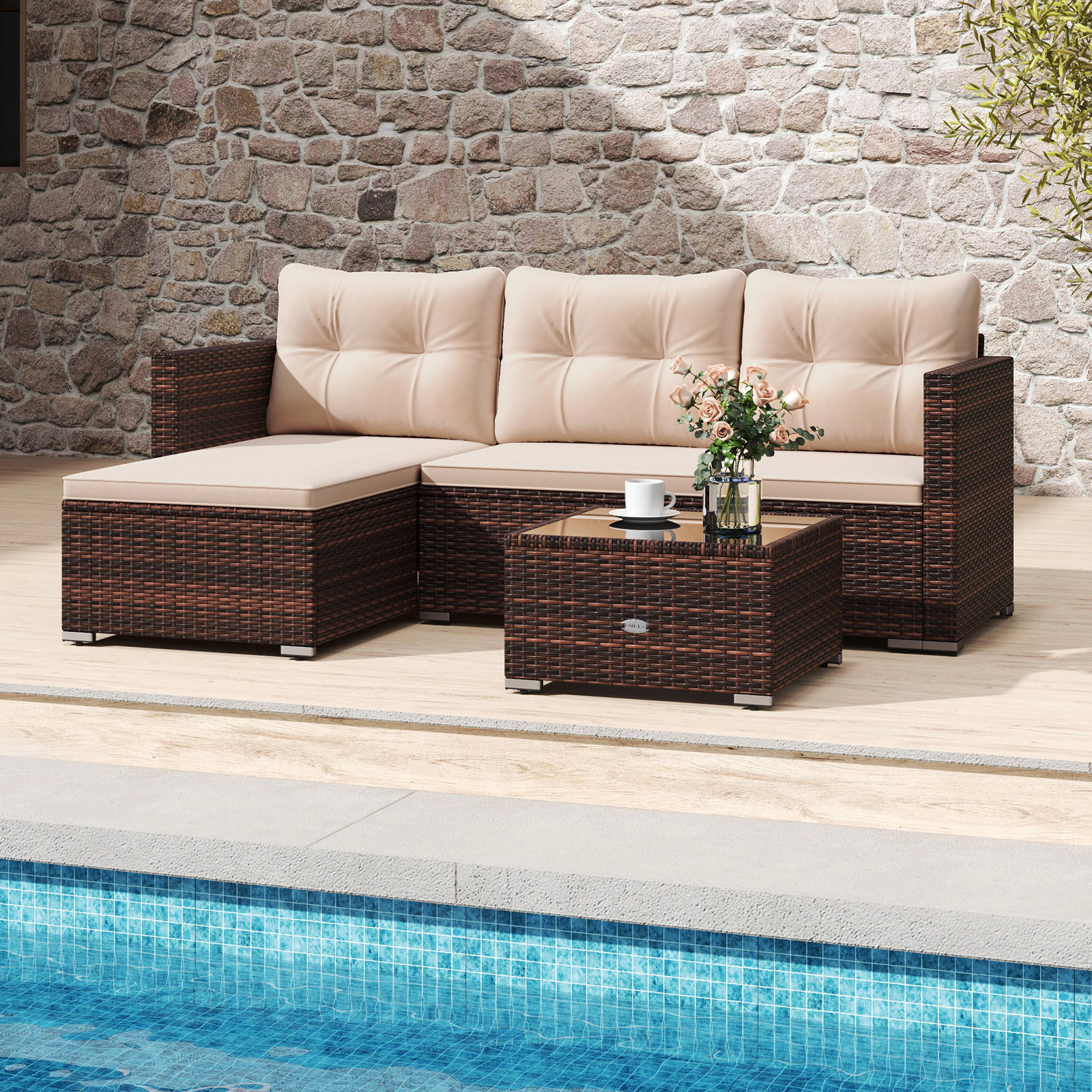 LJG 4 Seats Outdoor Wicker Furniture Set with Tempered Glass Coffee Table and Soft Cushions
