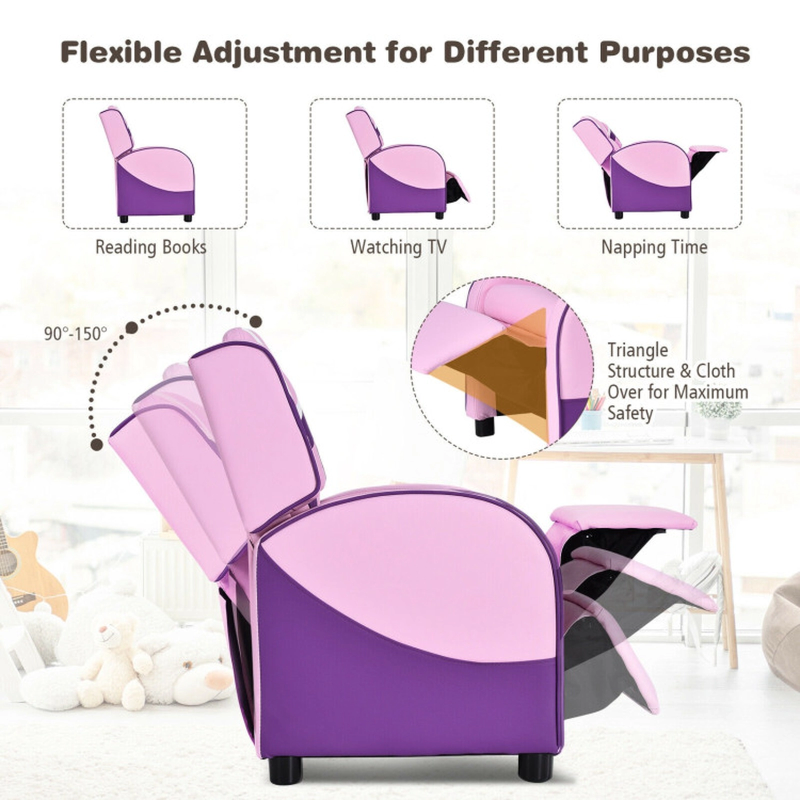 SUGIFT Pink Side Pockets and 150-Degree Recline Kids Leather Recliner Chair