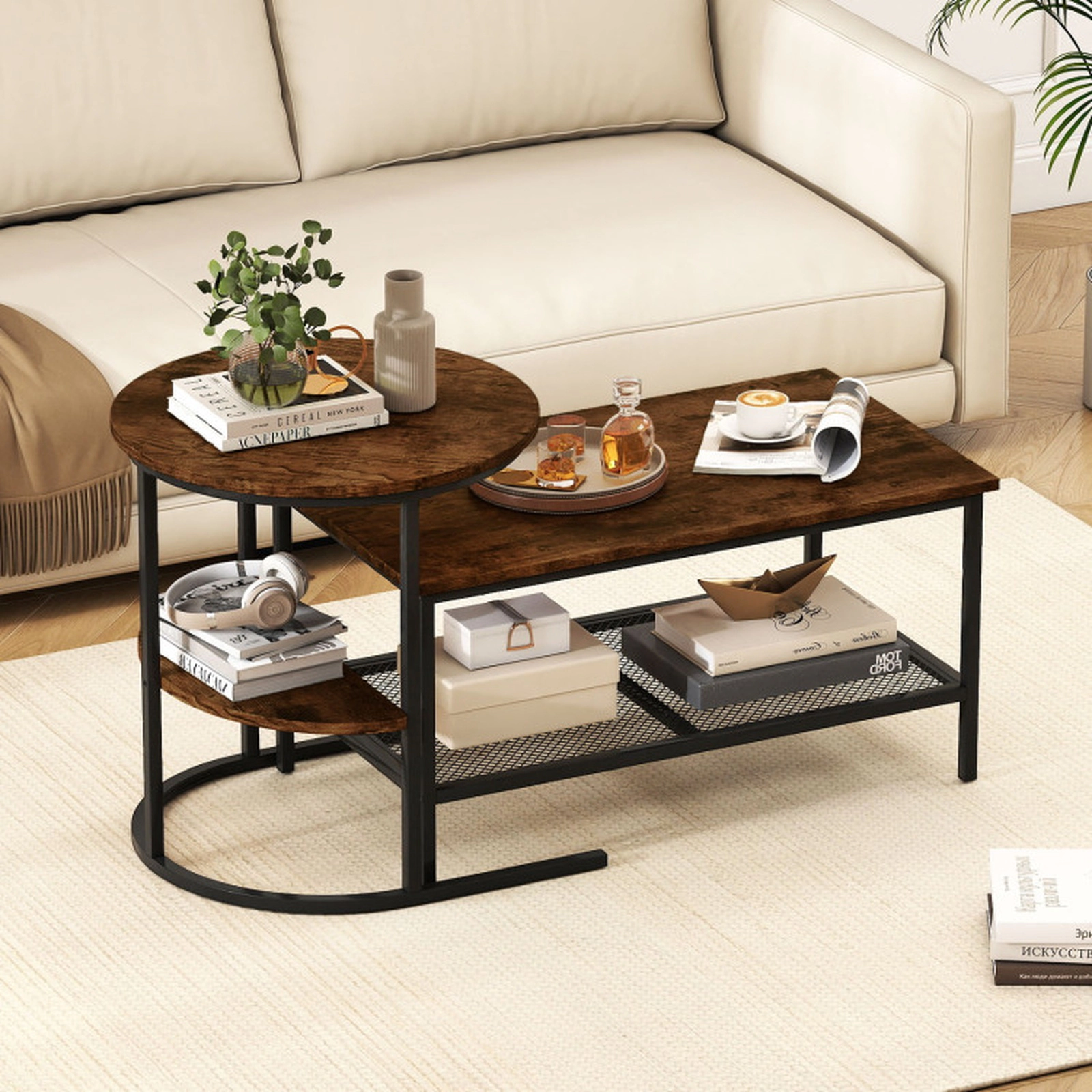 SUGIFT Set of 2 100-lb Capacity 2-Tier Rectangle Coffee Table and Round Side End Table with Mesh Shelf