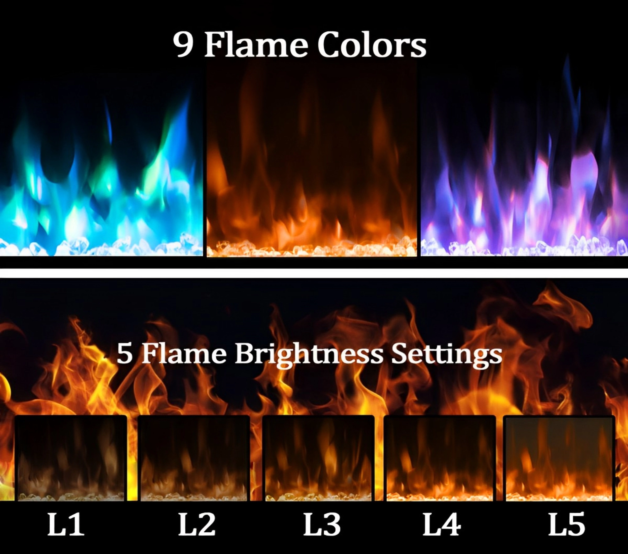 SUGIFT 50-Inch Recessed and Wall-Mounted Electric Fireplace with 9 Flame Colors Black