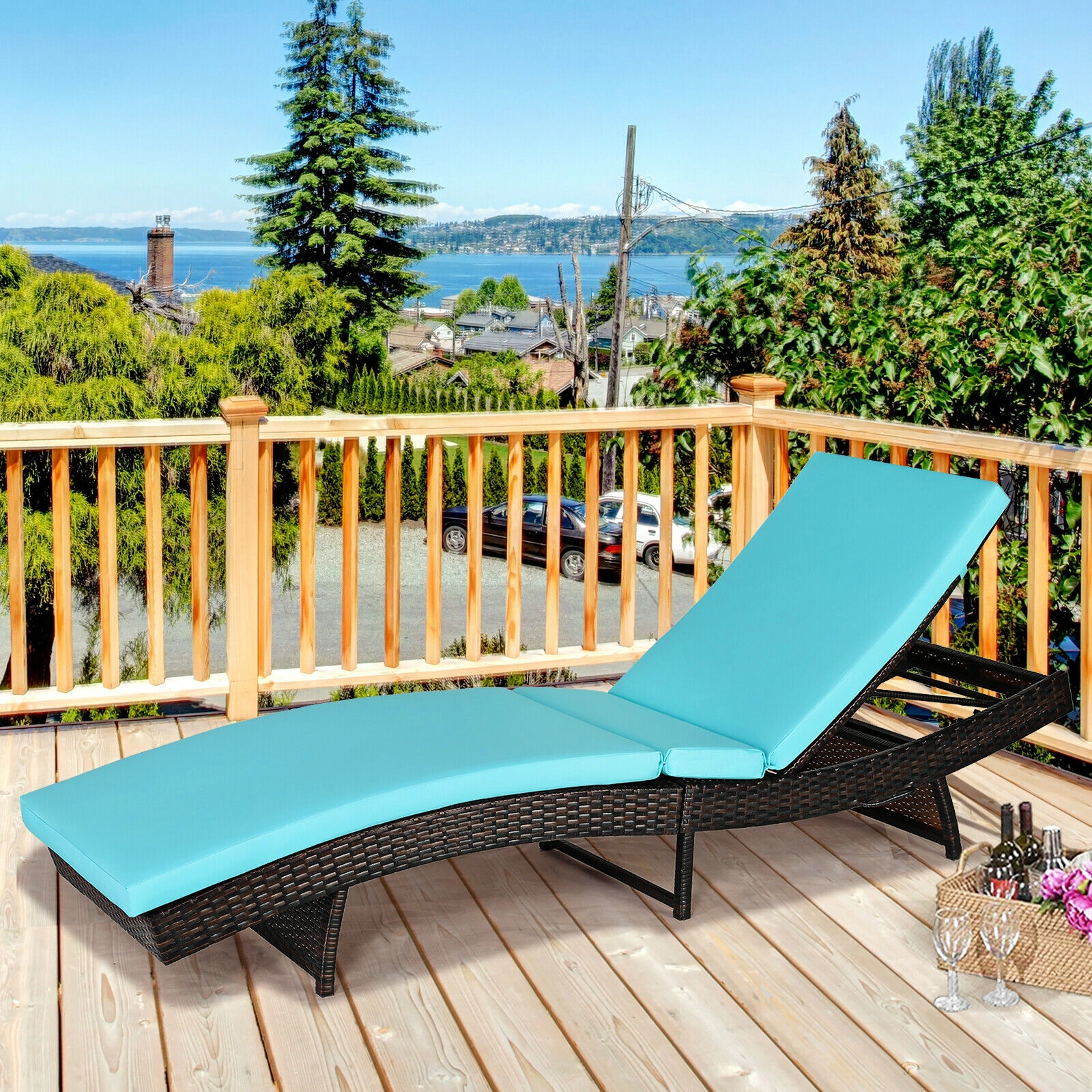SUGIFT Folding Adjustable Chaise Lounge Chair with Cushion 400-Lb Capacity 5-Position Backrest White/Blue Turquoise