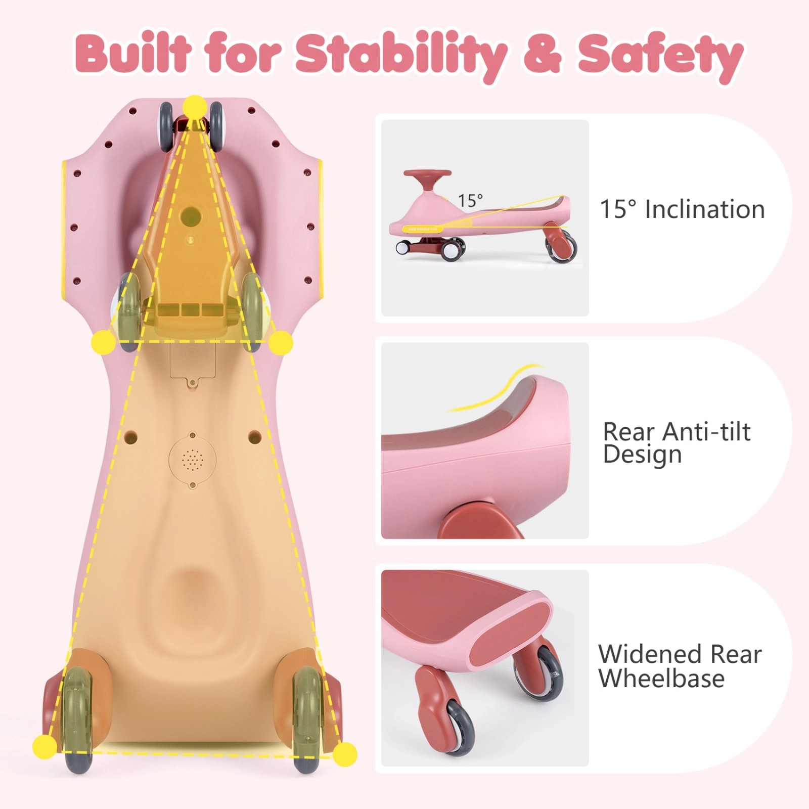 SUGIFT LED Flashing Wheel Wiggle Car Ride-On with Music 29 x 11.5 x 14.5 in Body Ages 2-8 Pink