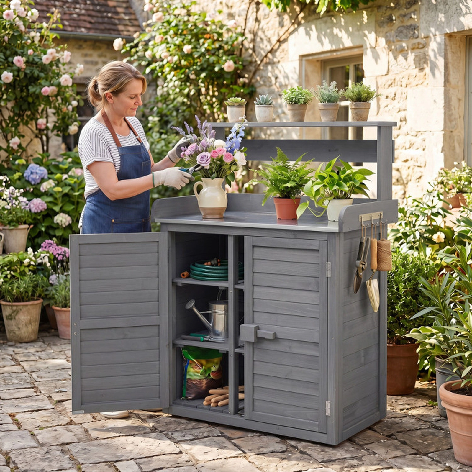 SUGIFT Gray Wood Potting Bench with Stainless Top and Cabinet 34-in W 18-in D 47-in H 110-lb Tabletop Capacity