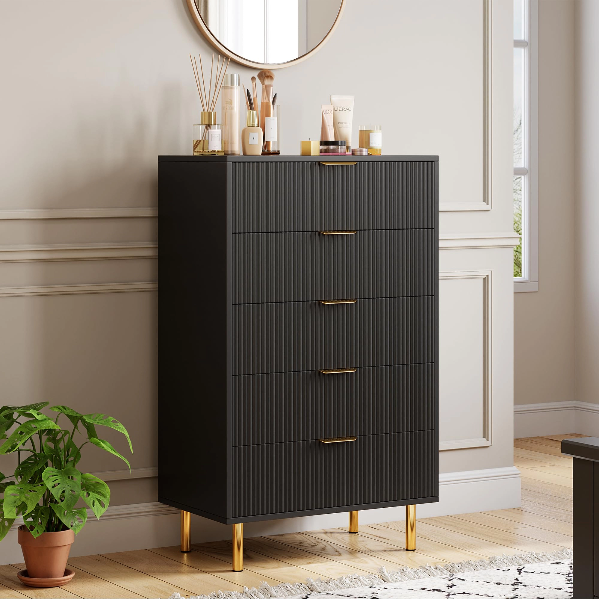 BebreezChic 5-Drawer Dresser for Bedroom with Gold Handles, Modern Wooden Chest of Drawers