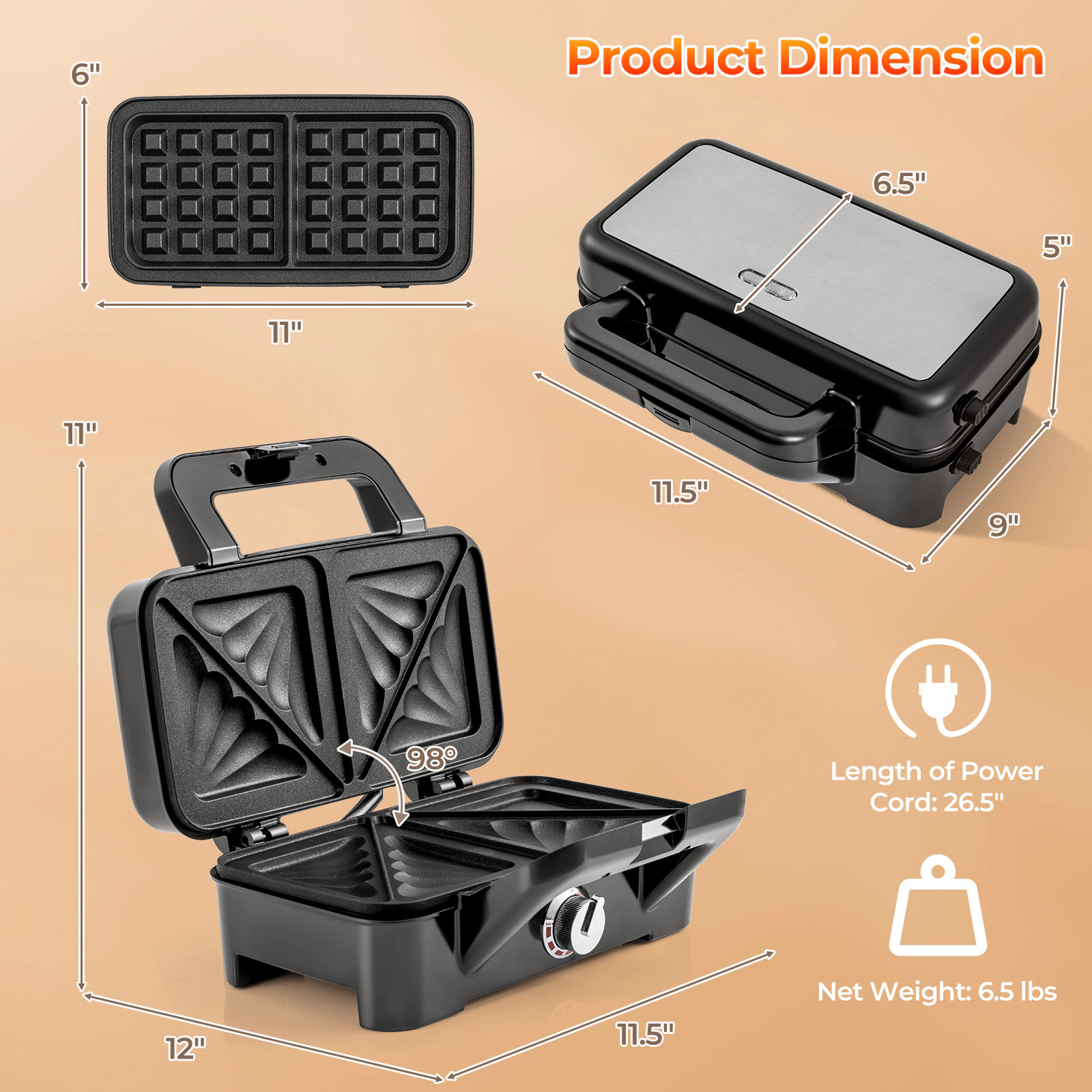 SlikBlue 3-in-1 Sandwich Maker with Waffle and Grill Plates, Adjustable Temperature Control