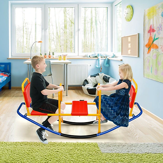 Kids Teeter Totter Seesaw 360-Degree Swivel Sit and Spin Backrest Footrest Handlebars 200-lb Capacity Ages 3-8 Red