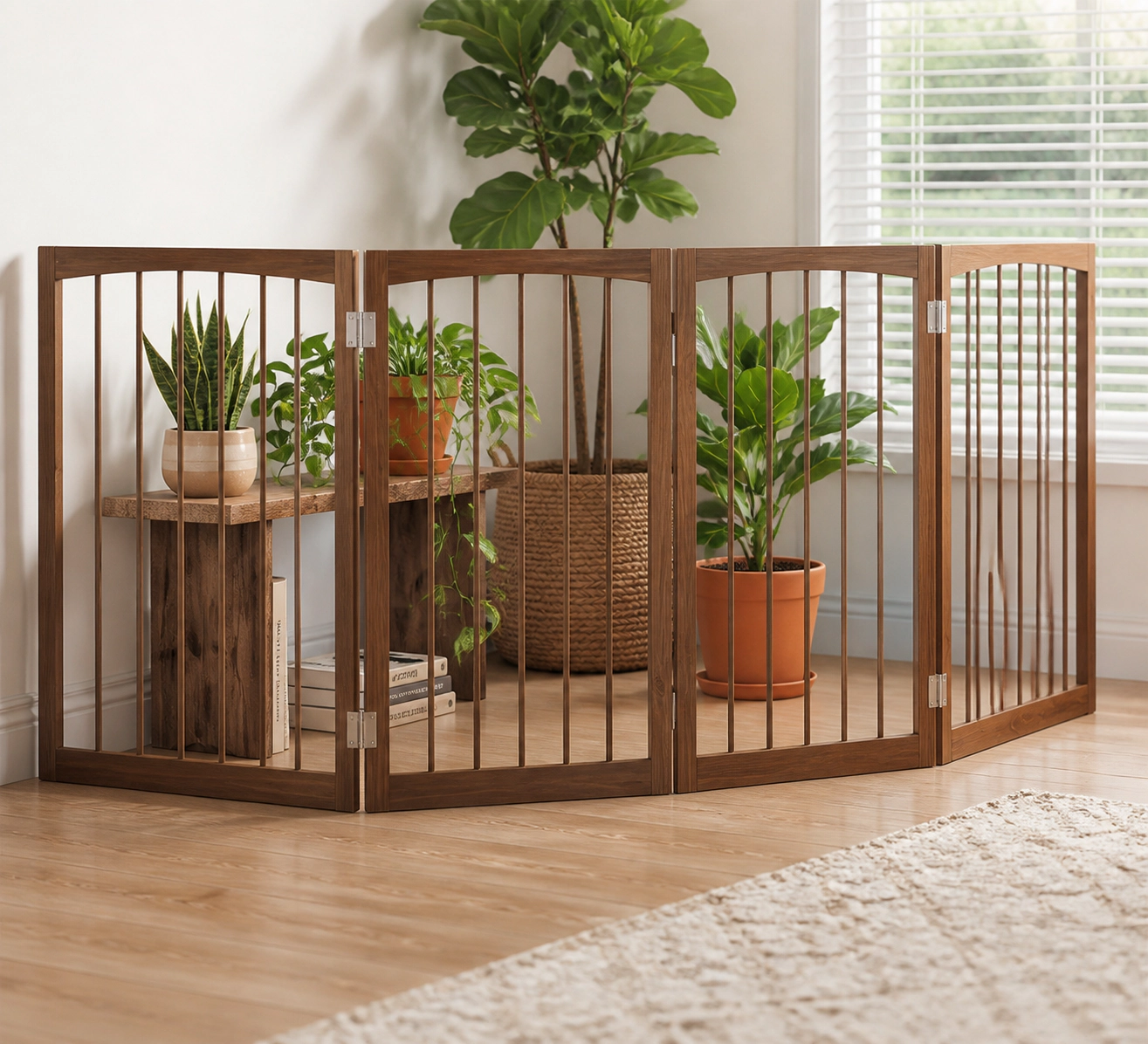 SUGIFT 4-Panel 83-in Wooden Freestanding Foldable Dog Gate Pet Fence and Indoor Room Divider for Puppies