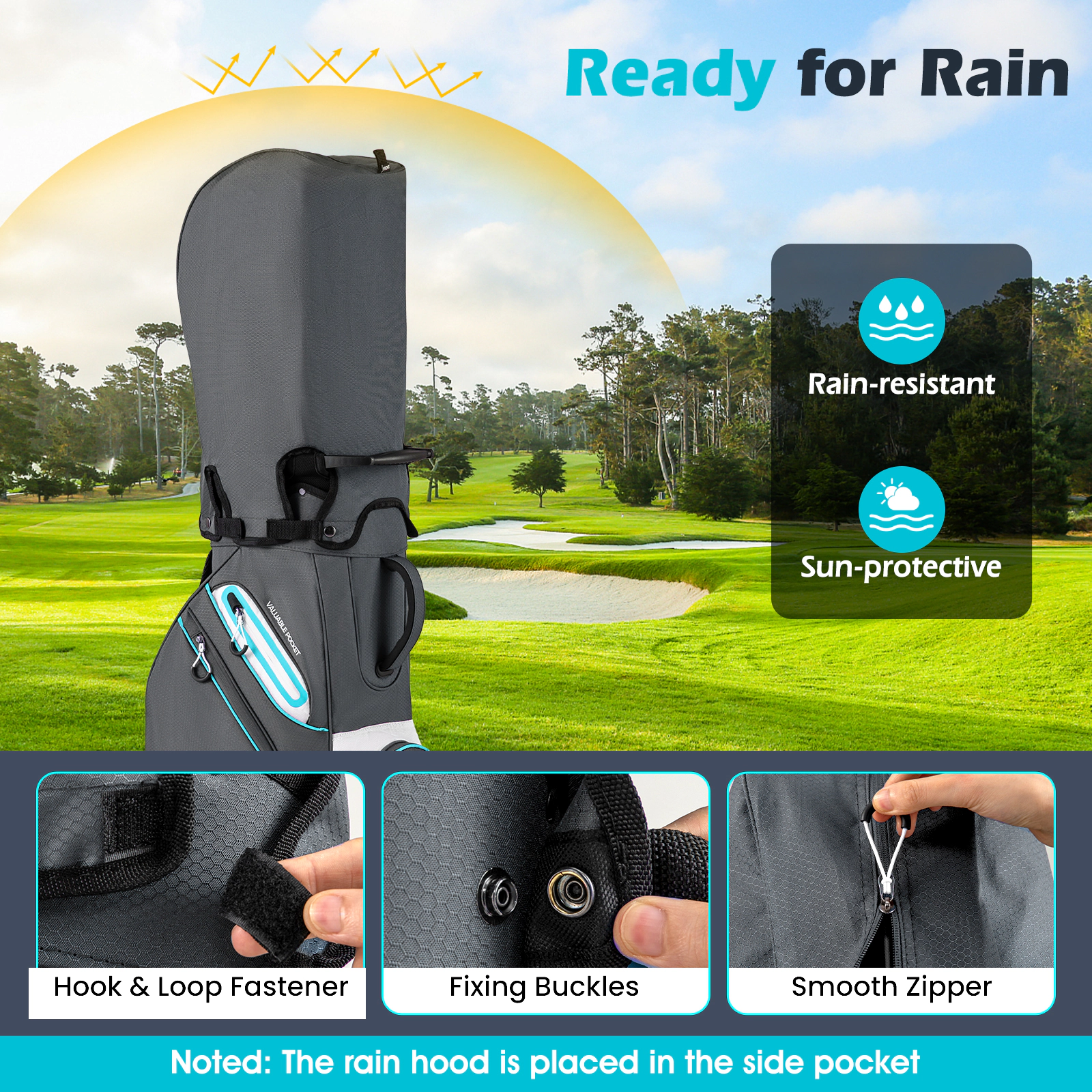 Lightweight Golf Cart Bag 14-Way Top 6 Zippered Pockets Cooler Pocket Removable Rain Hood Padded Strap Gray