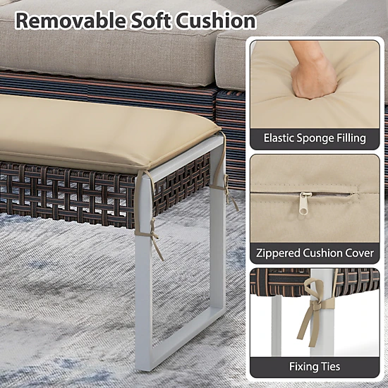 SUGIFT 43 in Patio Ottoman Beige Wicker Foot Rest with Metal Legs and Cushion