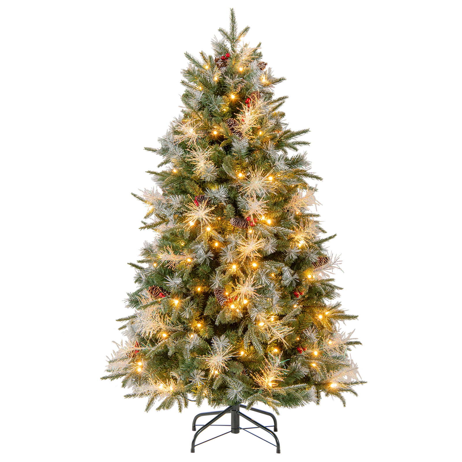 SUGIFT 5 ft Pre-Lit Christmas Tree Snow Flocked Artificial Tree with 8 Light Modes and Berries