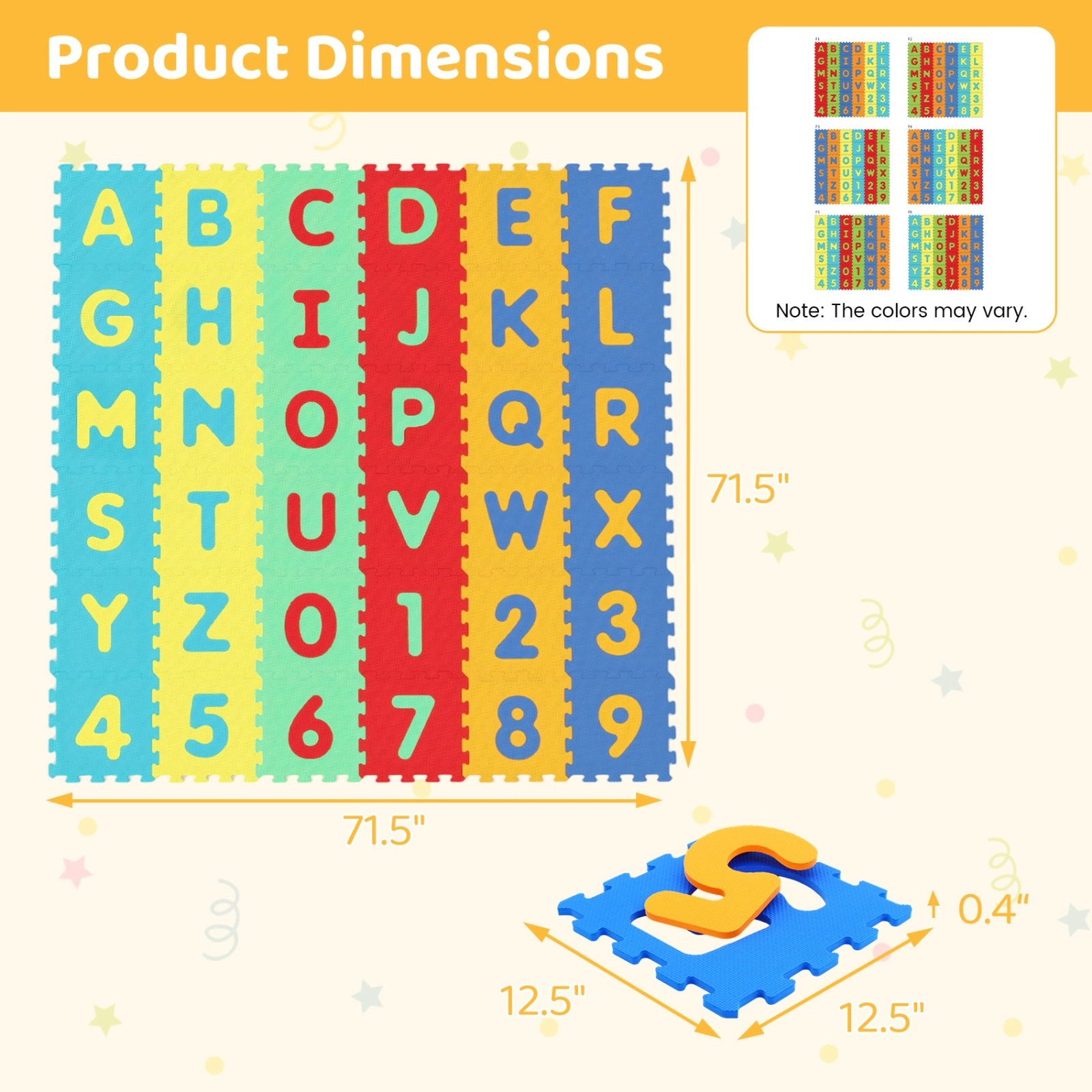 SUGIFT Kids Multicolor 36-Piece Interlocking Foam Puzzle Play Mat with Letters and Numbers 71.5-in W 71.5-in D