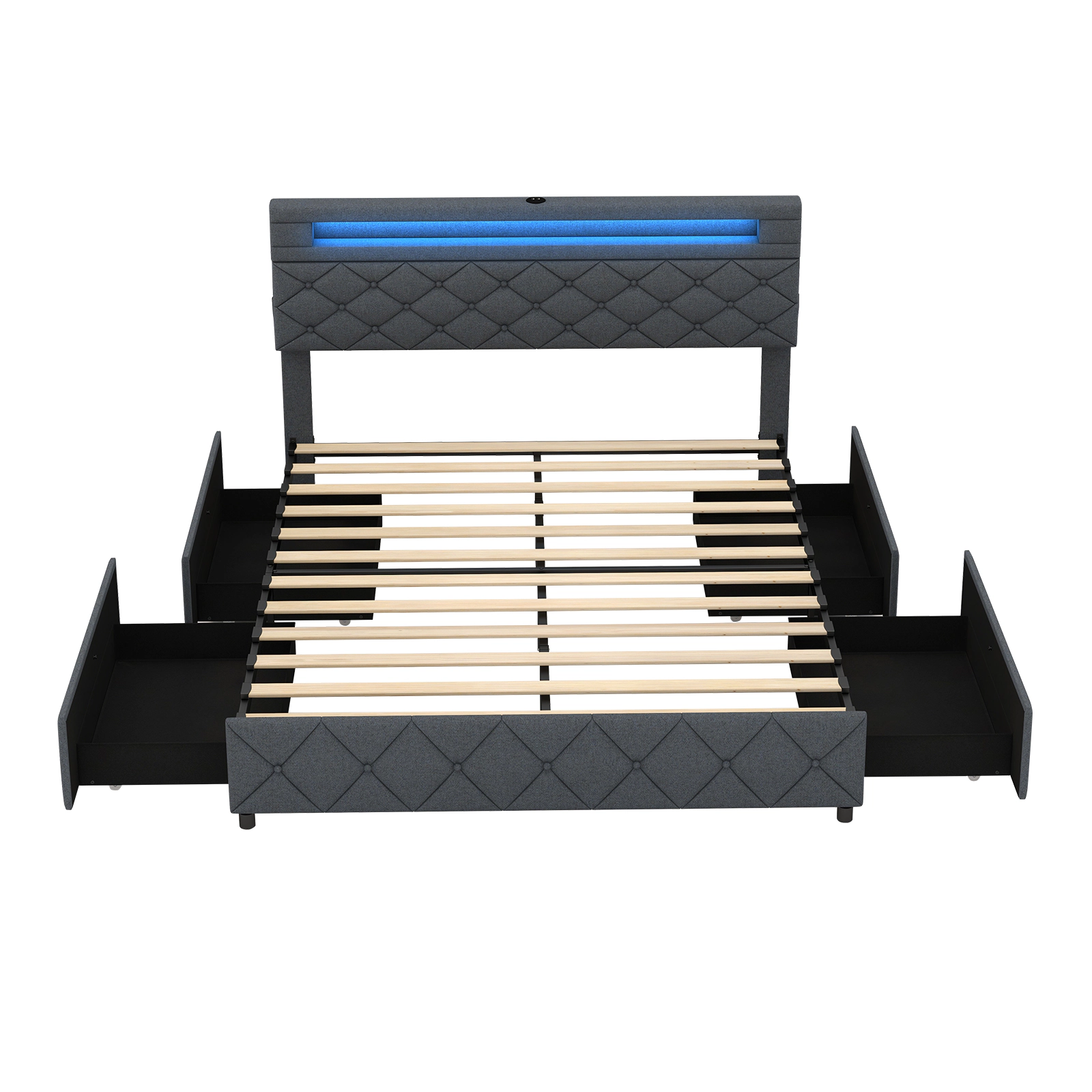 LJG Full/Queen Size Bed Frame with Adjustable Storage Headboard and Wooden Slat Support