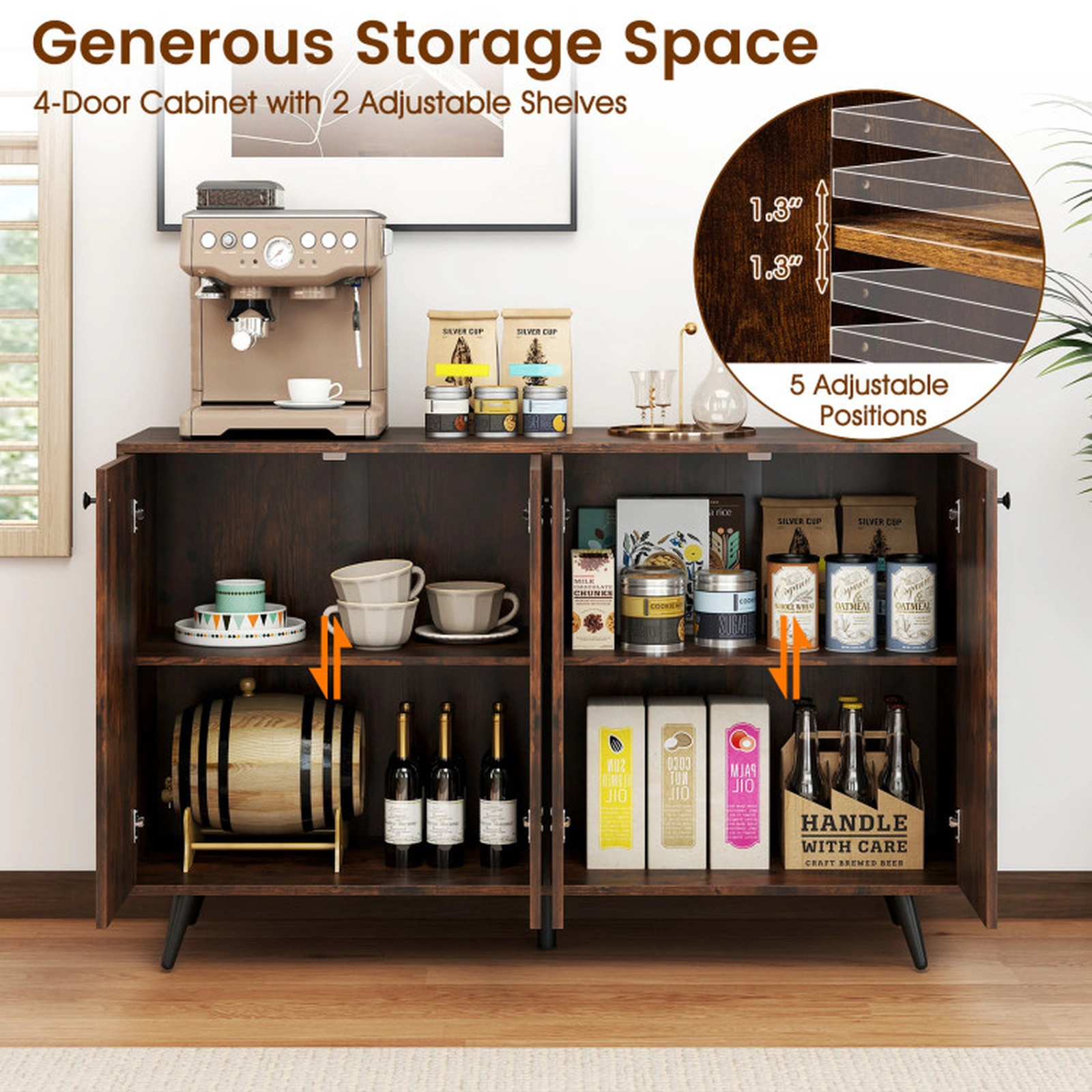 SUGIFT 4-Door Adjustable Shelves Mid Century Buffet Sideboard 50-in x 15-in x 31.5-in 90-lb Capacity Rustic Brown